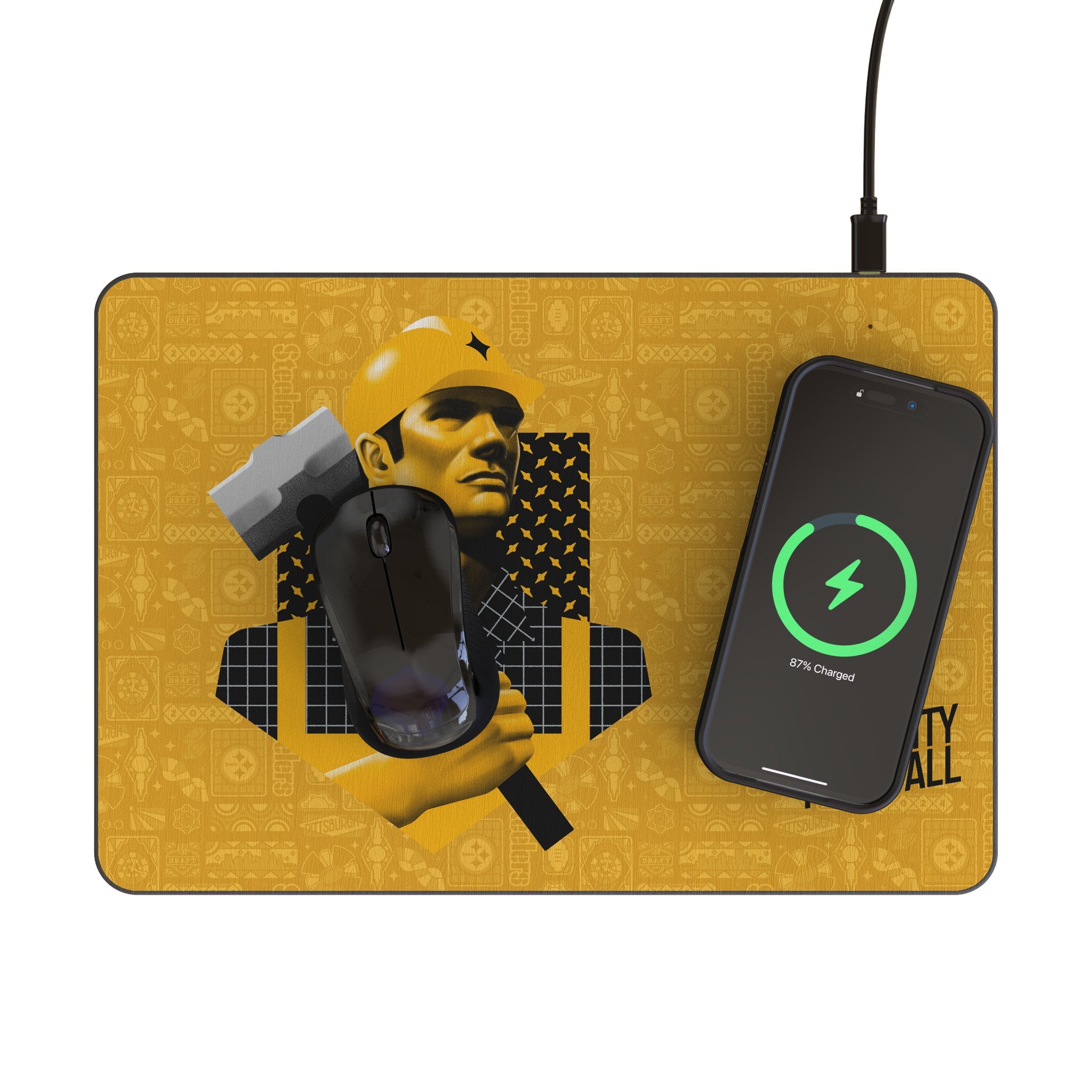Pittsburgh Steelers 2024 Edition 15-Watt Wireless Charger and Mouse Pad Lifestyle.Jpg