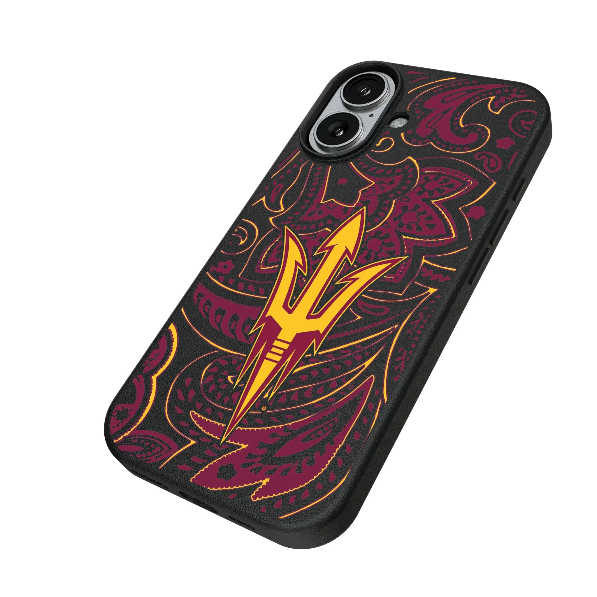 Arizona State University Sun Devils Paisley iPhone MagSafe Compatible Phone Case for Apple iPhone - Isometric View#Device_iPhone 17