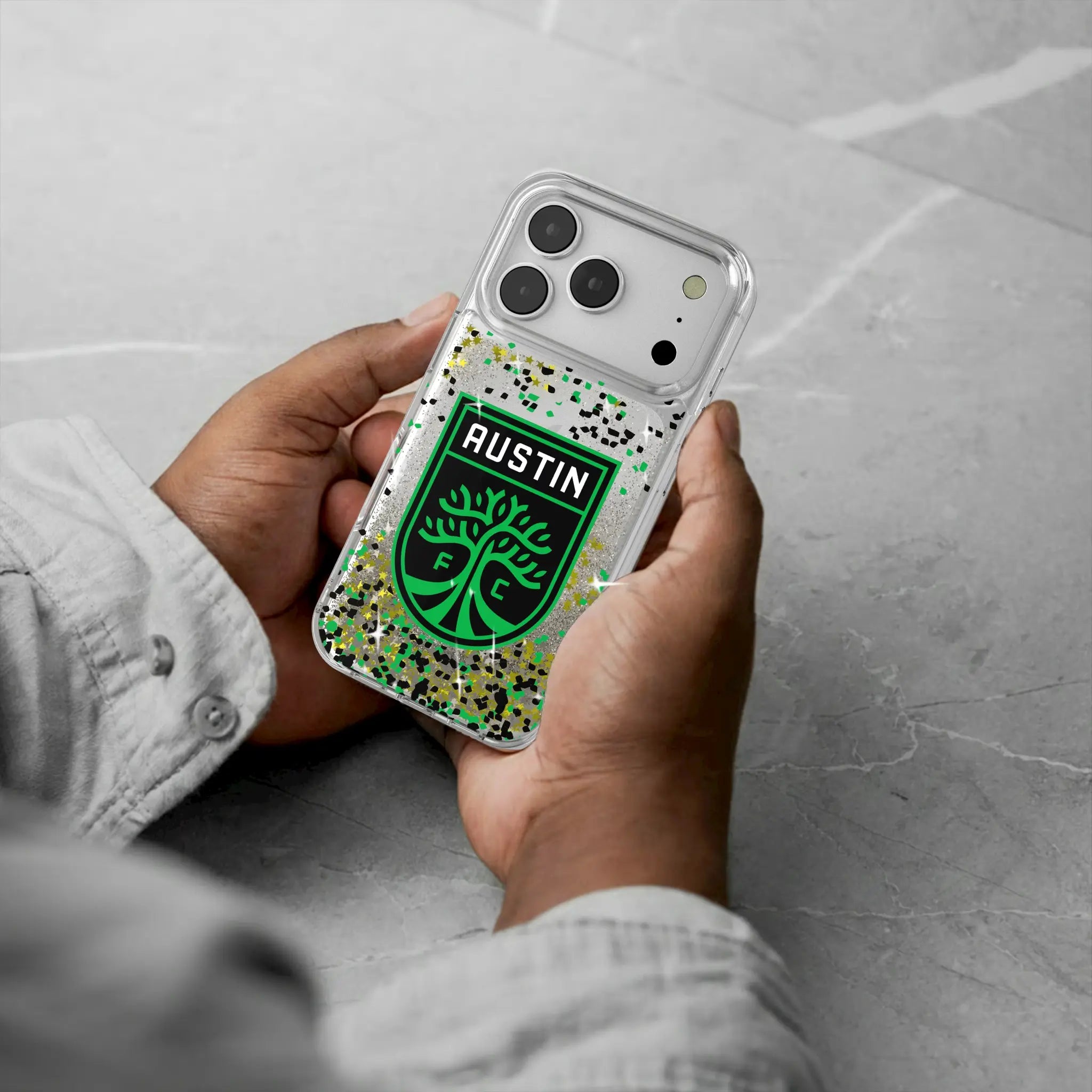 Austin FC Confetti iPhone Glitter Phone Case for Apple iPhone - Lifestyle