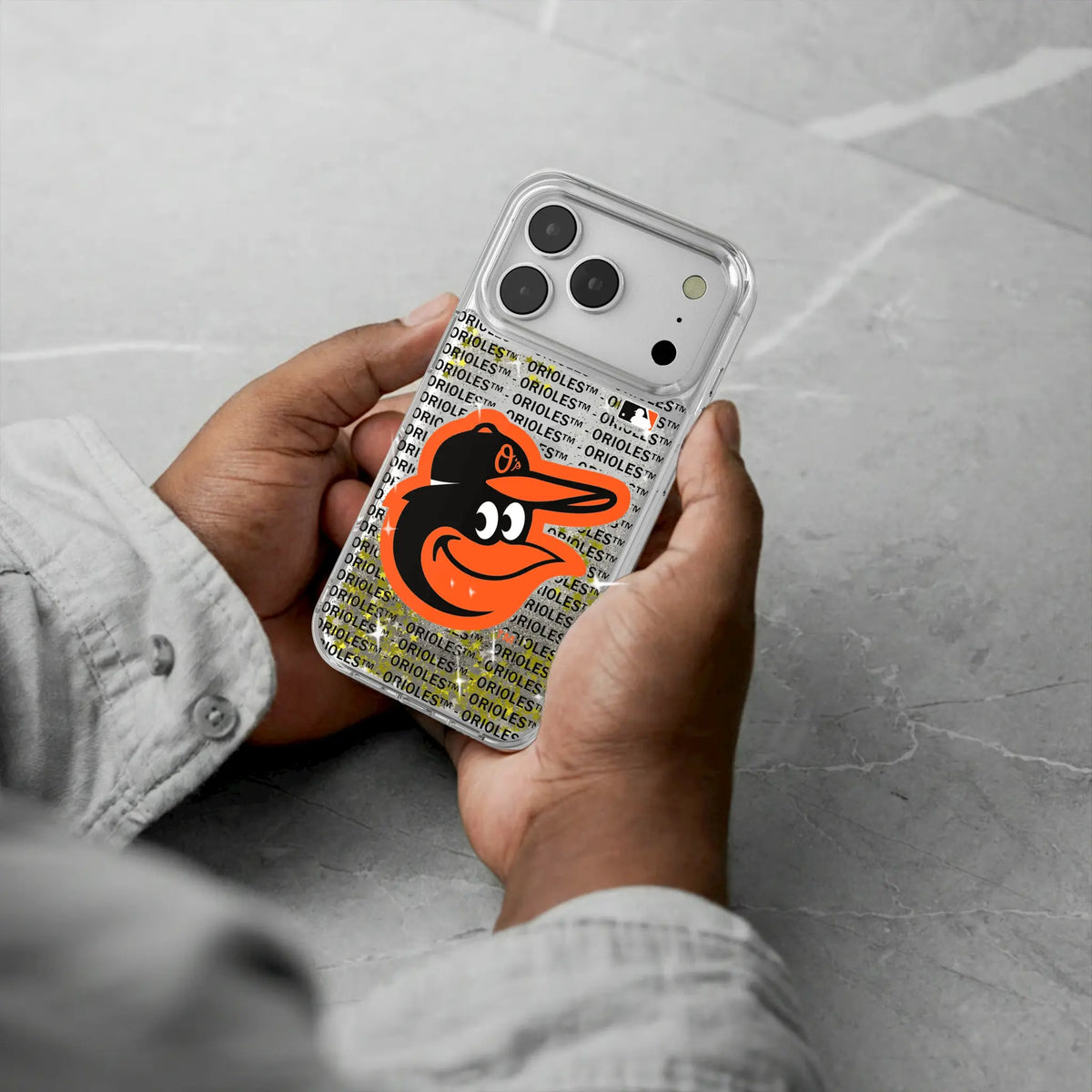 Baltimore Orioles Text Backdrop iPhone Glitter Phone Case for Apple iPhone - Lifestyle#Device_iPhone 18 Pro