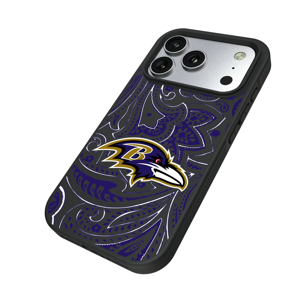 Baltimore Ravens Paisley iPhone Bump Phone Case for Apple iPhone - Isometric View#Device_iPhone 17 Pro