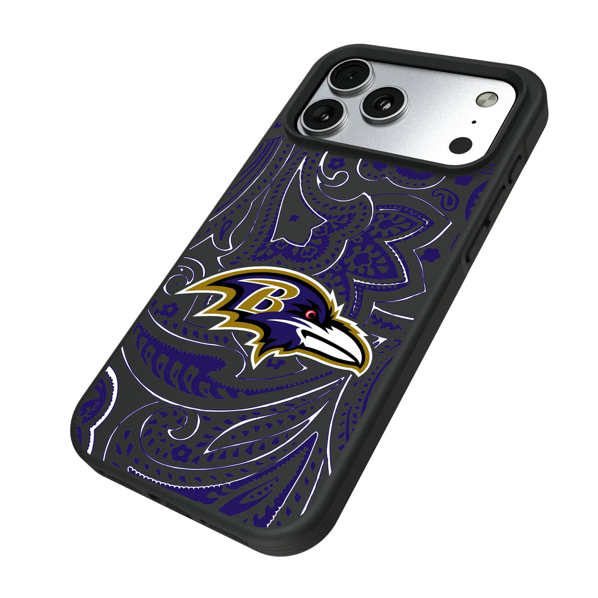 Baltimore Ravens Paisley iPhone Bump Phone Case for Apple iPhone - Isometric View#Device_iPhone 17 Pro Max