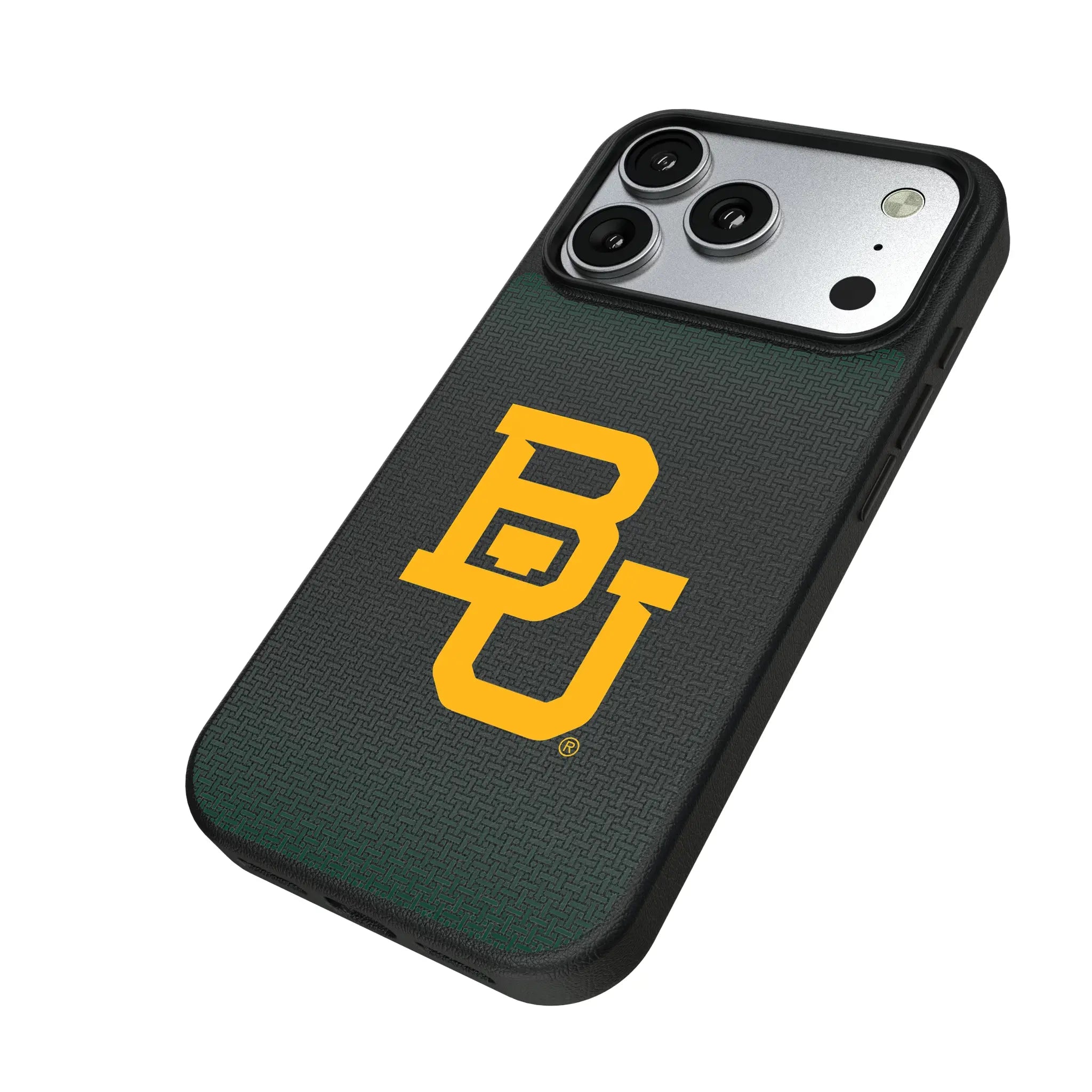 Baylor University Bears Linen iPhone MagSafe Compatible Phone Case for Apple iPhone - Isometric View#Device_iPhone 17 Pro