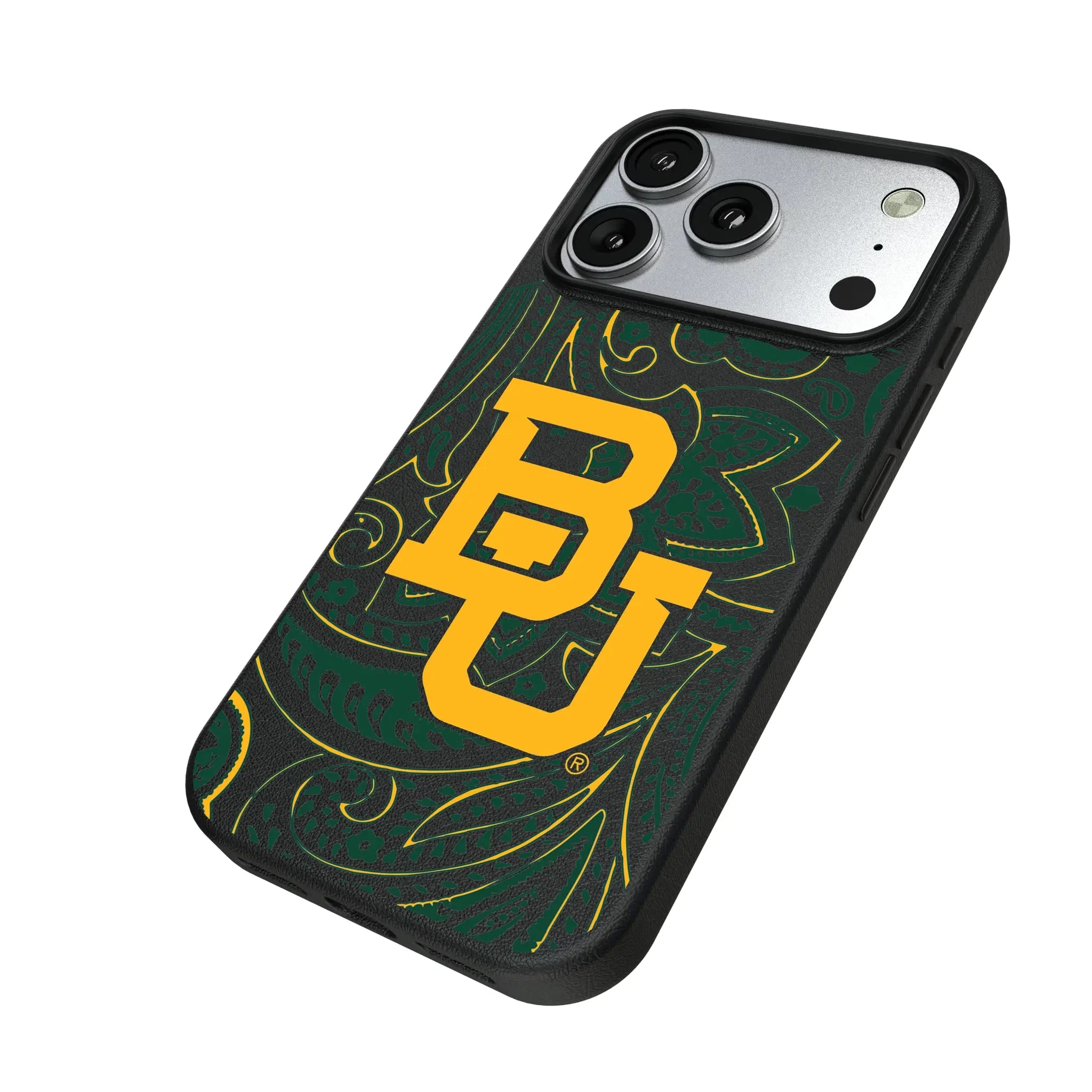 Baylor University Bears Paisley iPhone MagSafe Compatible Phone Case for Apple iPhone - Isometric View#Device_iPhone 17 Pro