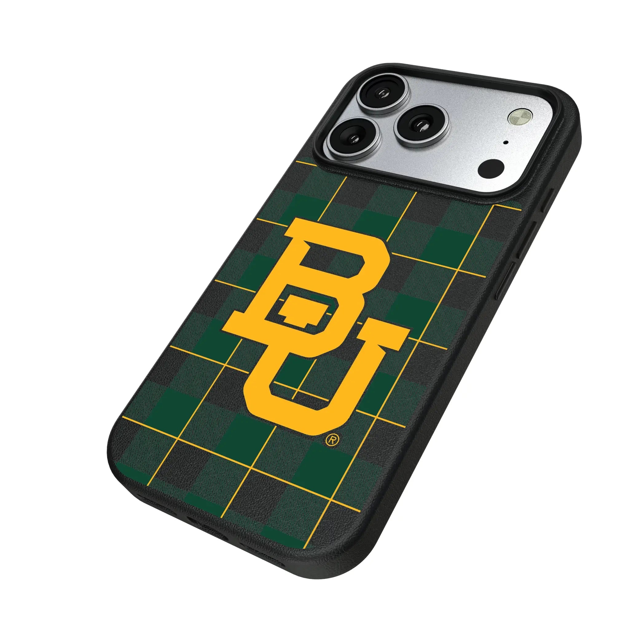 Baylor University Bears Plaid iPhone MagSafe Compatible Phone Case for Apple iPhone - Isometric View#Device_iPhone 17 Pro