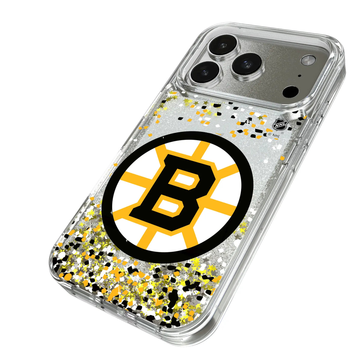 Boston Bruins Confetti iPhone Glitter Phone Case for Apple iPhone - Isometric View#Device_iPhone 17 Pro