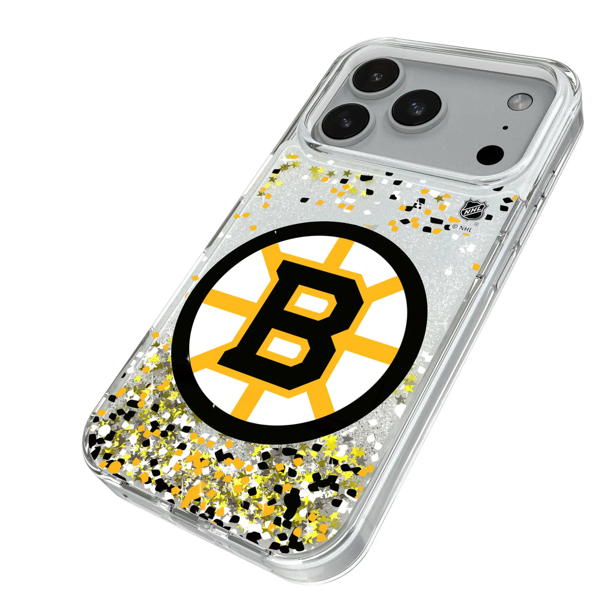 Boston Bruins Confetti iPhone Glitter Phone Case for Apple iPhone - Isometric View#Device_iPhone 18 Pro