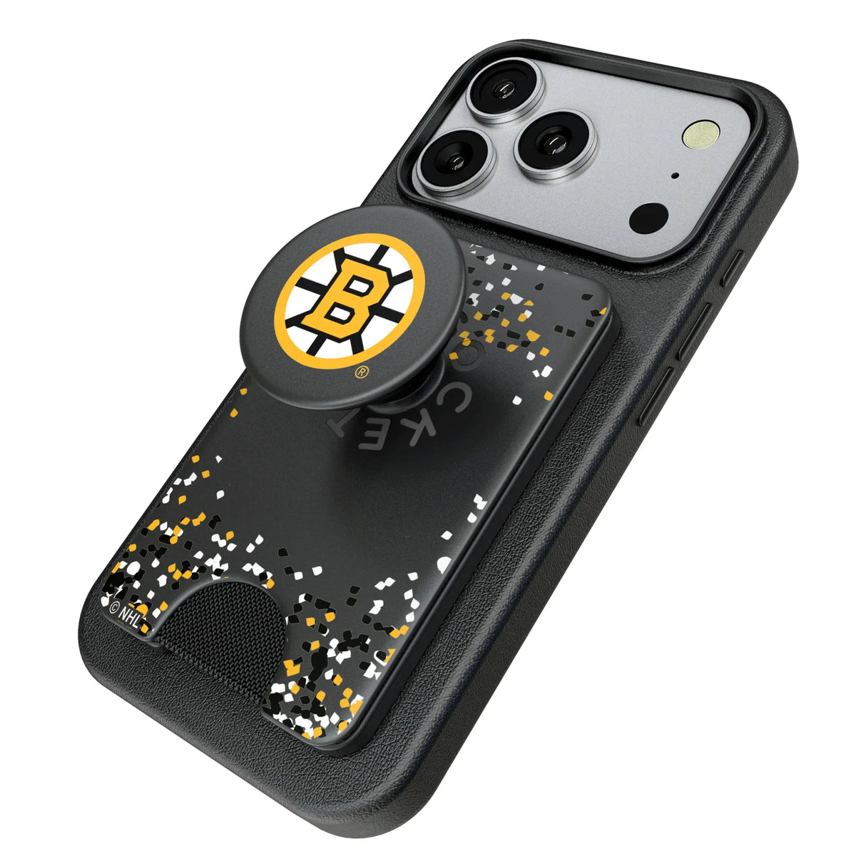 Boston Bruins Confetti Popsockets Wallet Magnetic - Isometric View