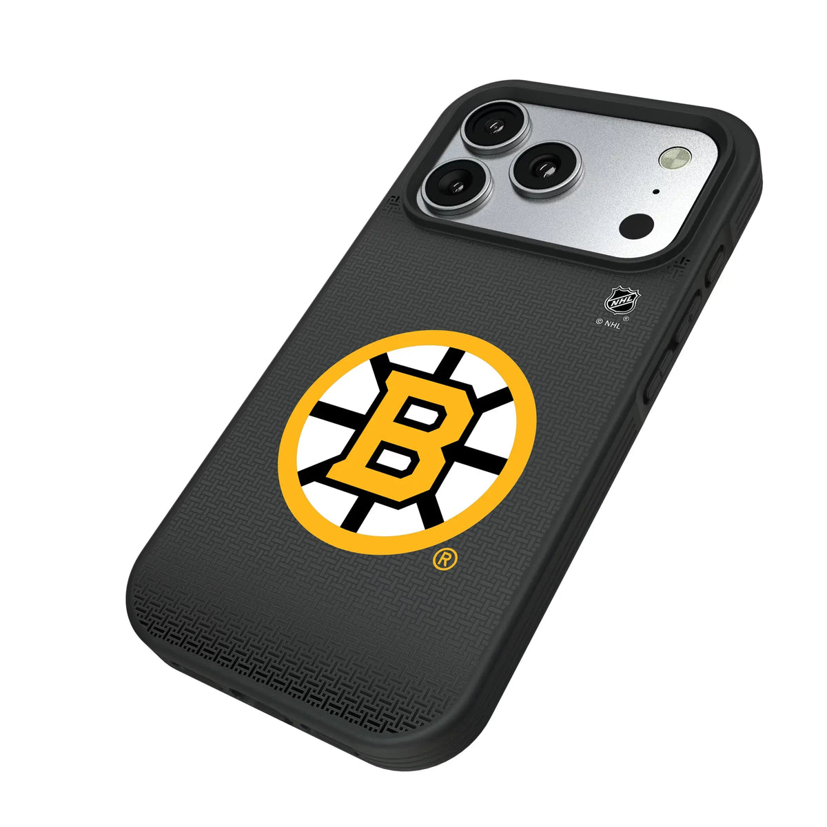 Boston Bruins Linen iPhone Bump Phone Case for Apple iPhone - Isometric View#Device_iPhone 17 Pro
