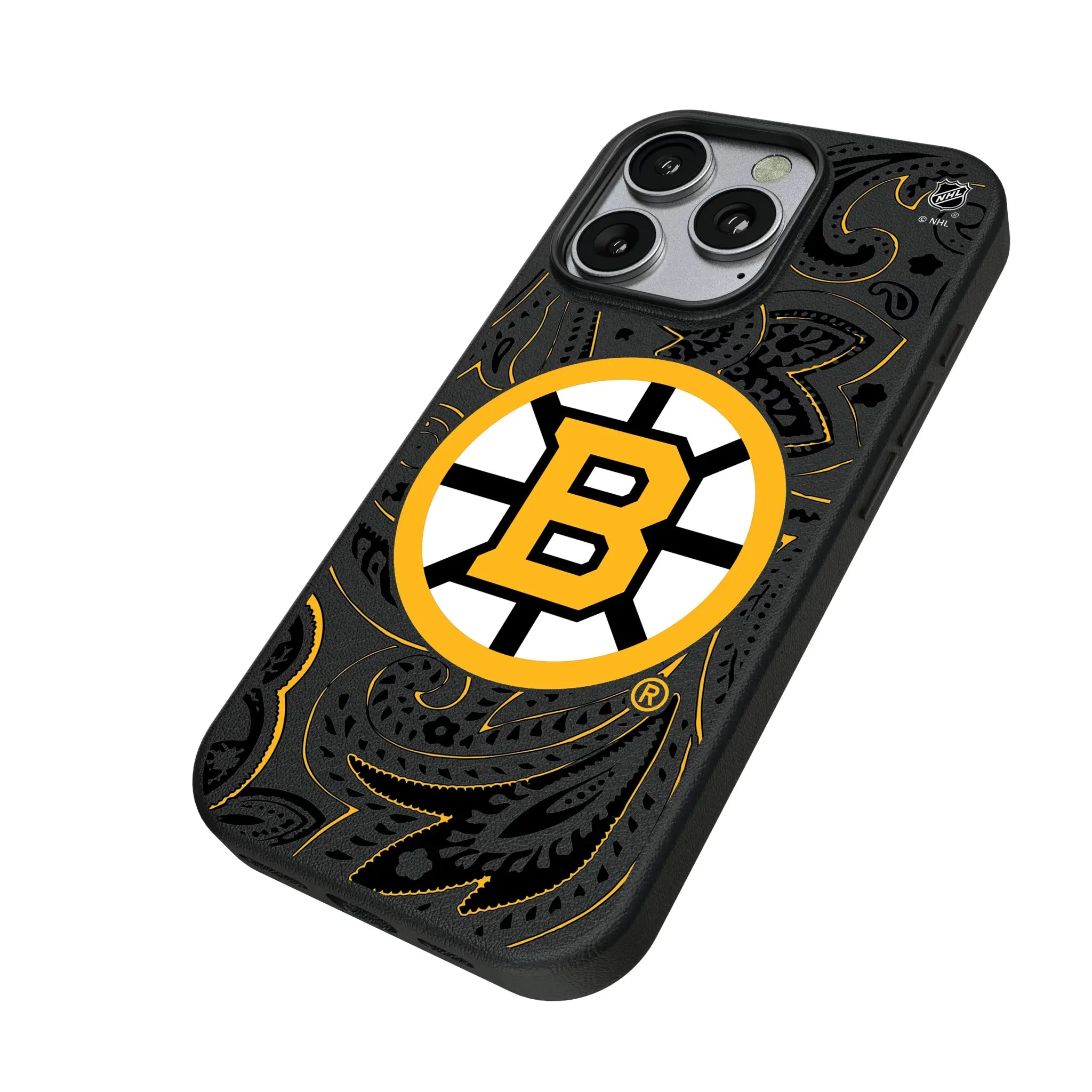 Boston Bruins Paisley iPhone MagSafe Compatible Phone Case for Apple iPhone - Isometric View