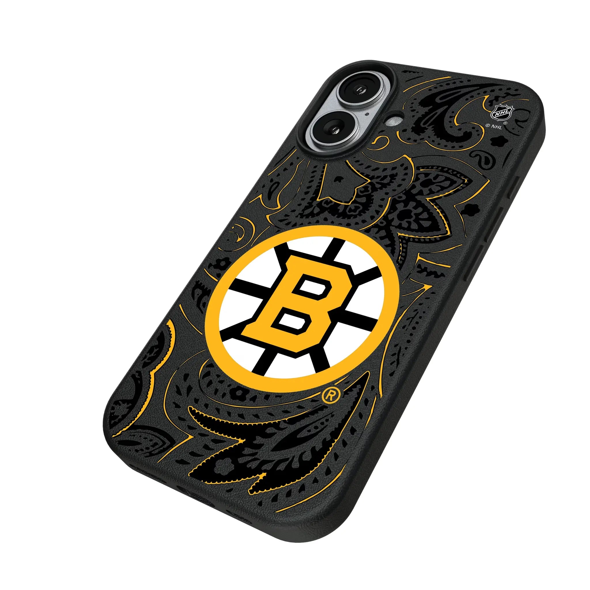 Boston Bruins Paisley iPhone MagSafe Compatible Phone Case for Apple iPhone - Isometric View#Device_iPhone 17