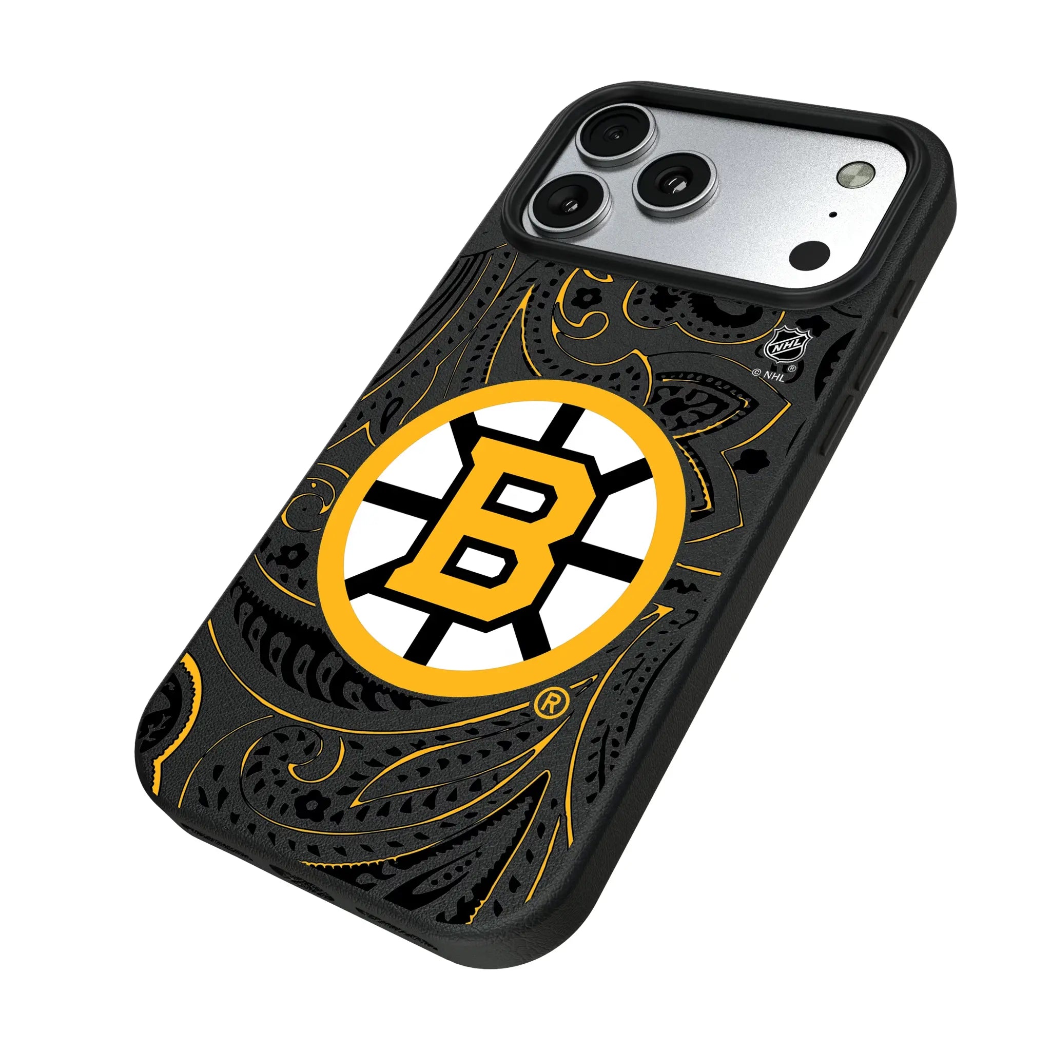 Boston Bruins Paisley iPhone MagSafe Compatible Phone Case for Apple iPhone - Isometric View#Device_iPhone 17 Pro Max
