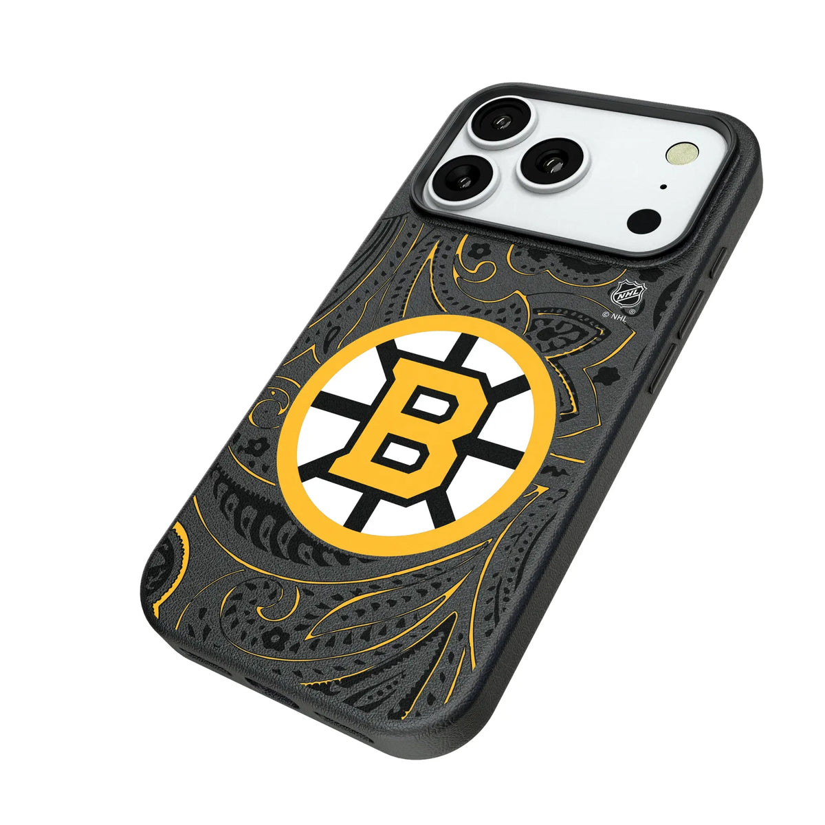 Boston Bruins Paisley iPhone MagSafe Compatible Phone Case for Apple iPhone - Isometric View#Device_iPhone 18 Pro