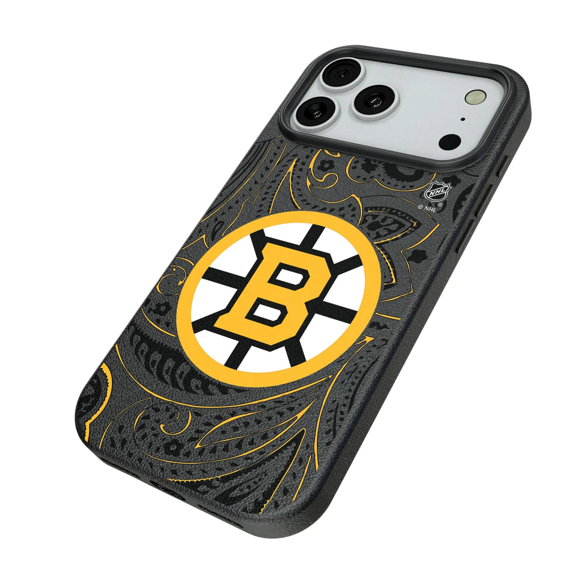 Boston Bruins Paisley iPhone MagSafe Compatible Phone Case for Apple iPhone - Isometric View#Device_iPhone 18 Pro Max
