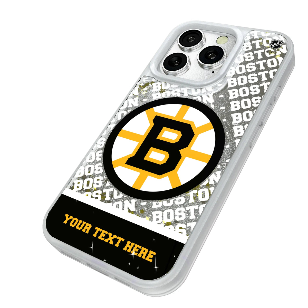 Boston Bruins Personalized EndZone Plus iPhone Glitter Phone Case for Apple iPhone - Isometric View#Device_iPhone 16 Pro