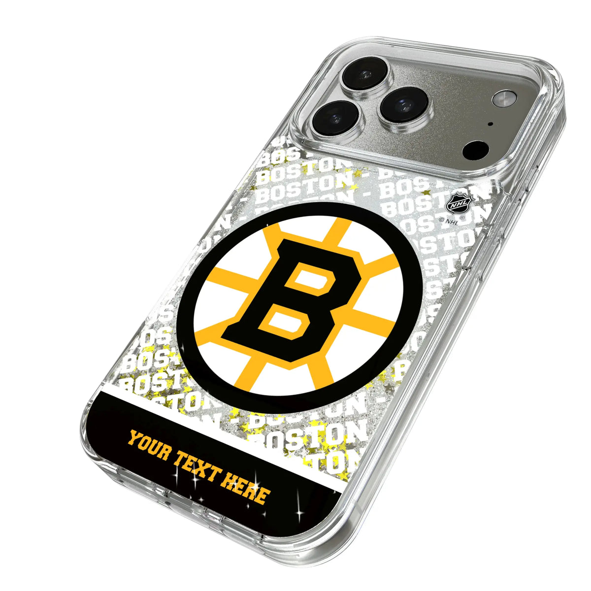Boston Bruins Personalized EndZone Plus iPhone Glitter Phone Case for Apple iPhone - Isometric View#Device_iPhone 17 Pro