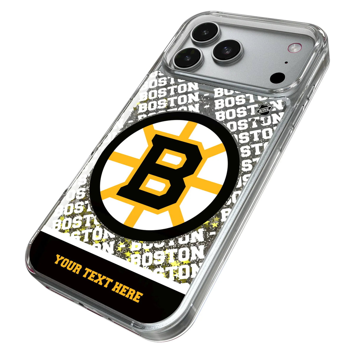 Boston Bruins Personalized EndZone Plus iPhone Glitter Phone Case for Apple iPhone - Isometric View#Device_iPhone 17 Pro Max