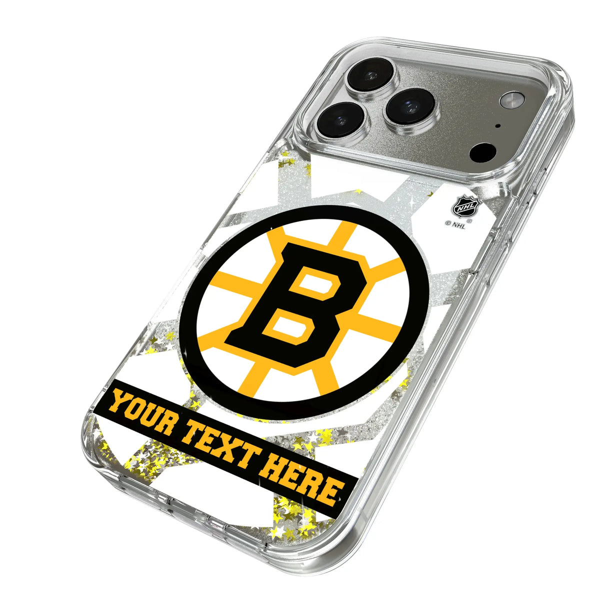 Boston Bruins Personalized Tilt iPhone Glitter Phone Case for Apple iPhone - Isometric View#Device_iPhone 17 Pro