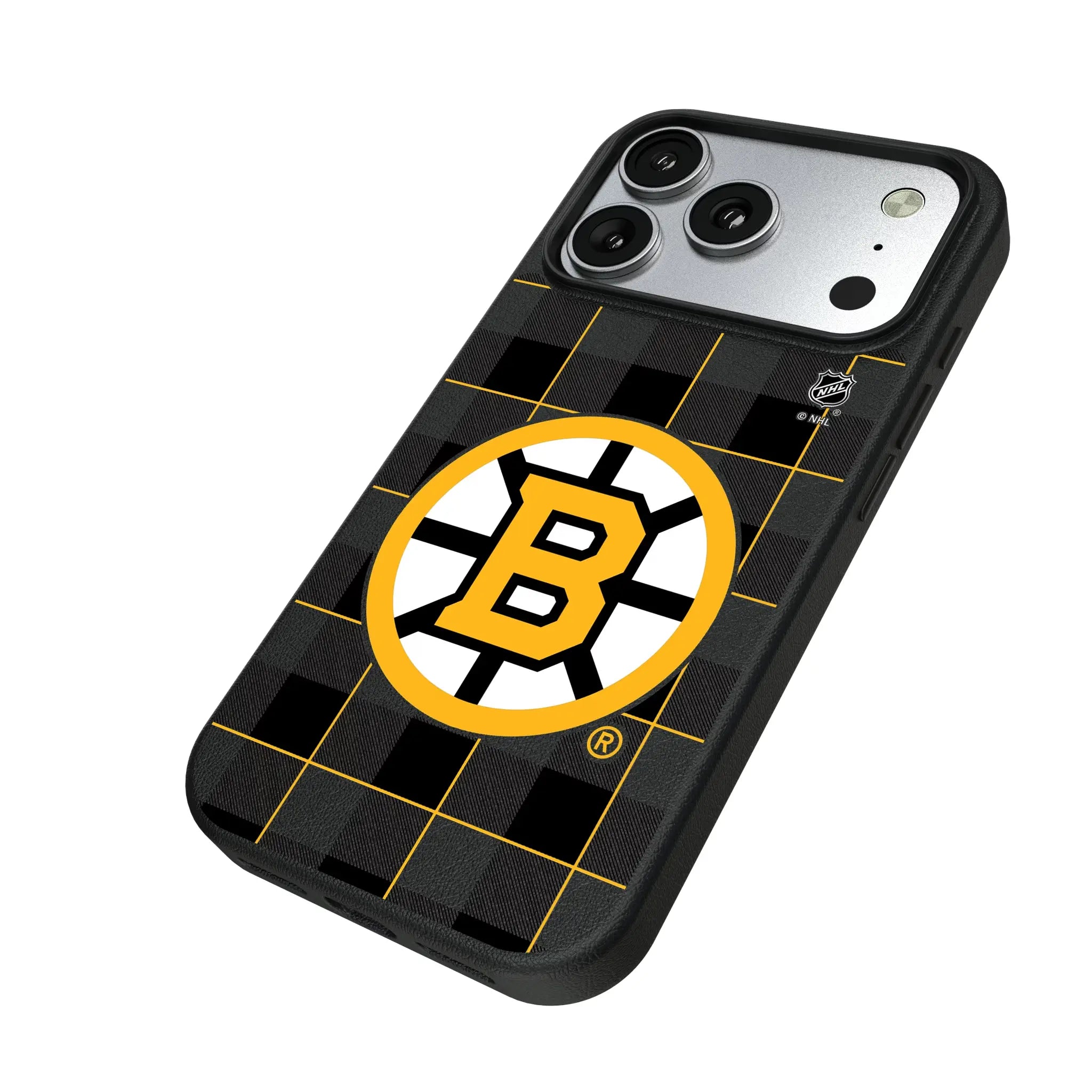 Boston Bruins Plaid iPhone MagSafe Compatible Phone Case for Apple iPhone - Isometric View#Device_iPhone 17 Pro