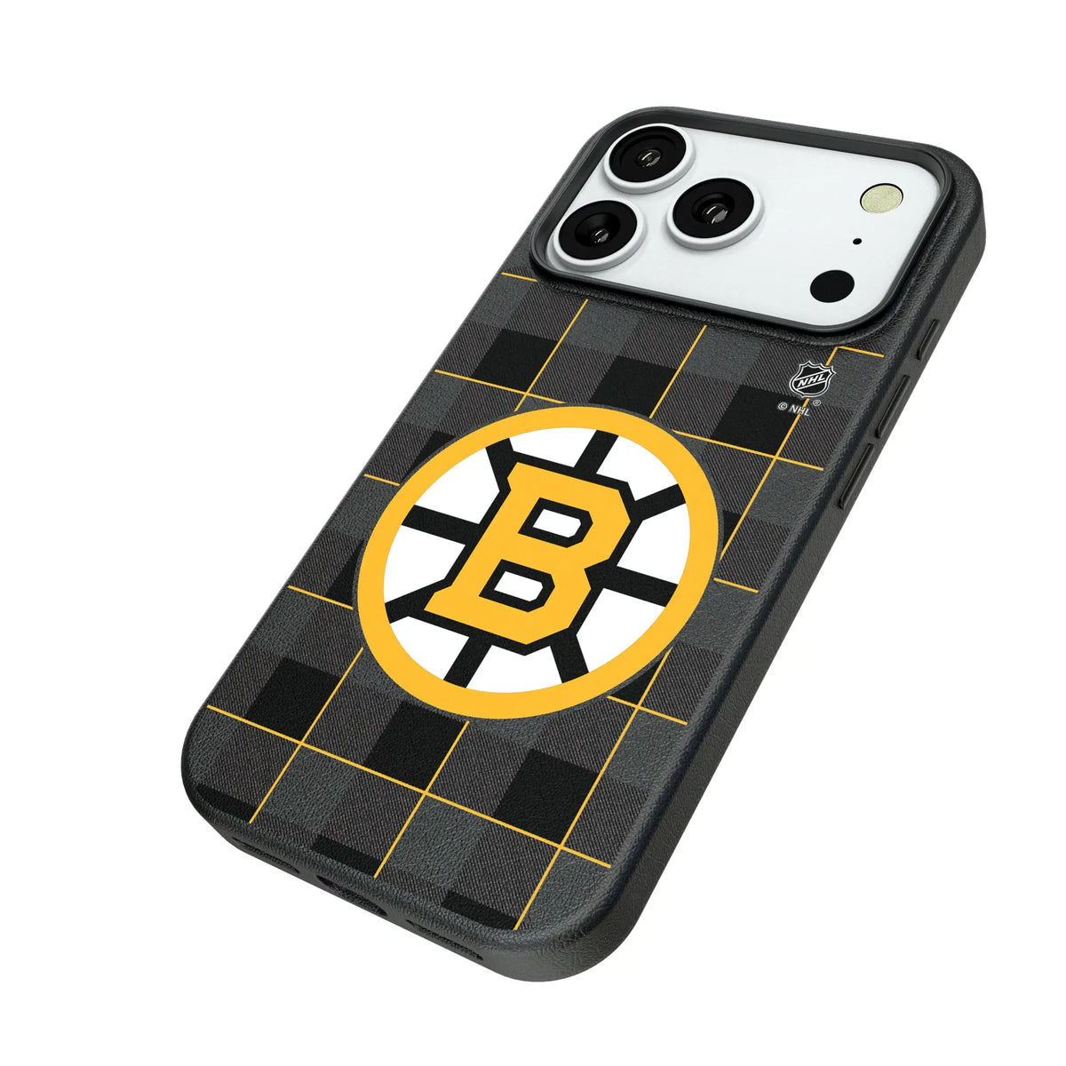 Boston Bruins Plaid iPhone MagSafe Compatible Phone Case for Apple iPhone - Isometric View#Device_iPhone 18 Pro