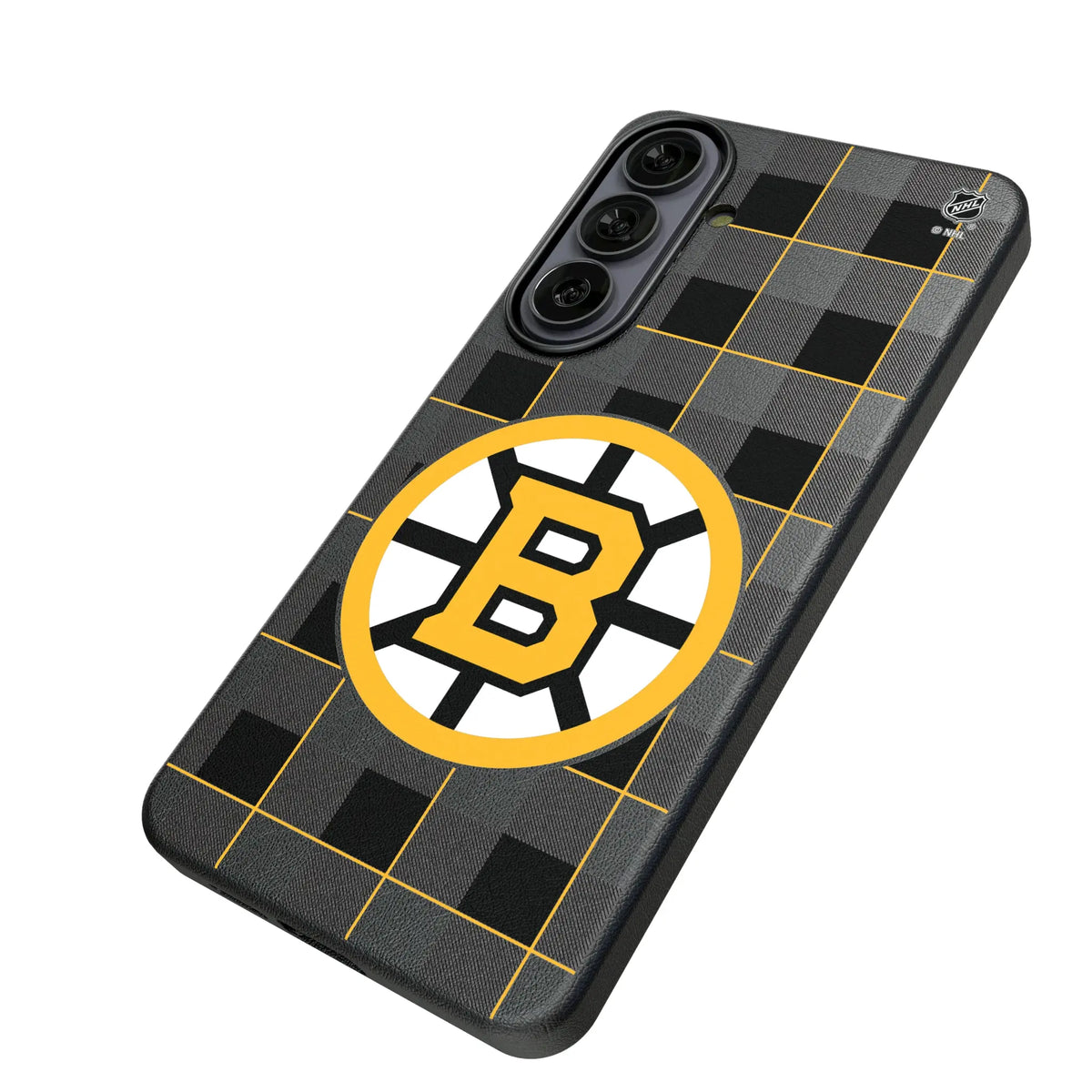Boston Bruins Plaid Galaxy MagSafe Compatible Phone Case for Samsung Galaxy - Isometric View#Device_Galaxy S26 Plus