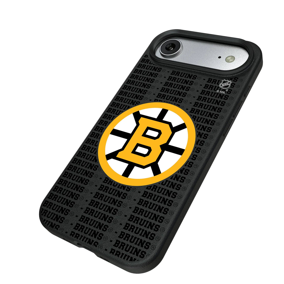 Boston Bruins Text Backdrop iPhone MagSafe Compatible Phone Case for Apple iPhone - Isometric View#Device_iPhone Air