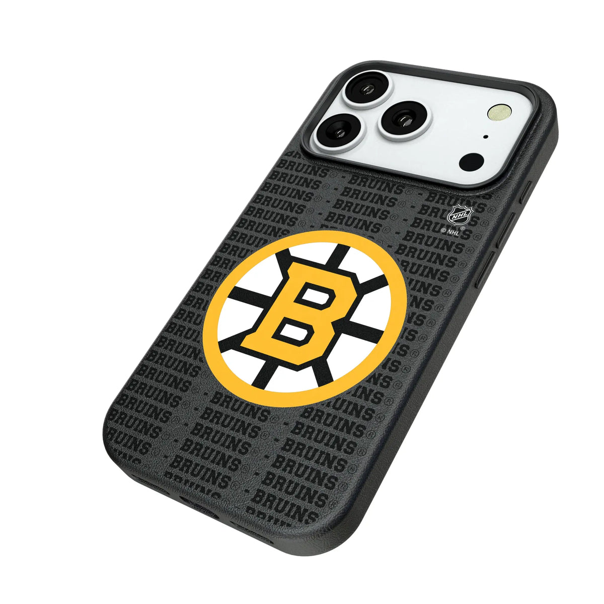 Boston Bruins Text Backdrop iPhone MagSafe Compatible Phone Case for Apple iPhone - Isometric View#Device_iPhone 18 Pro