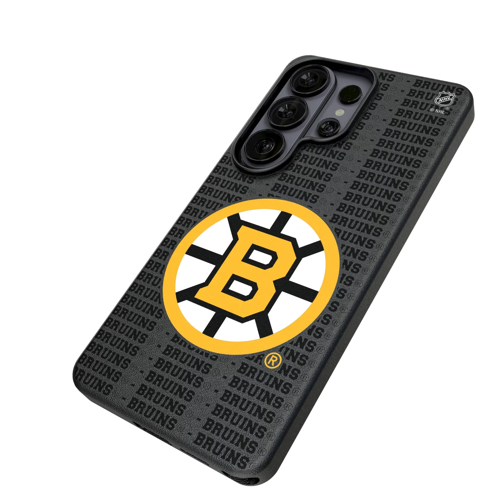 Boston Bruins Text Backdrop Galaxy MagSafe Compatible Phone Case for Samsung Galaxy - Isometric View#Device_Galaxy S26 Ultra