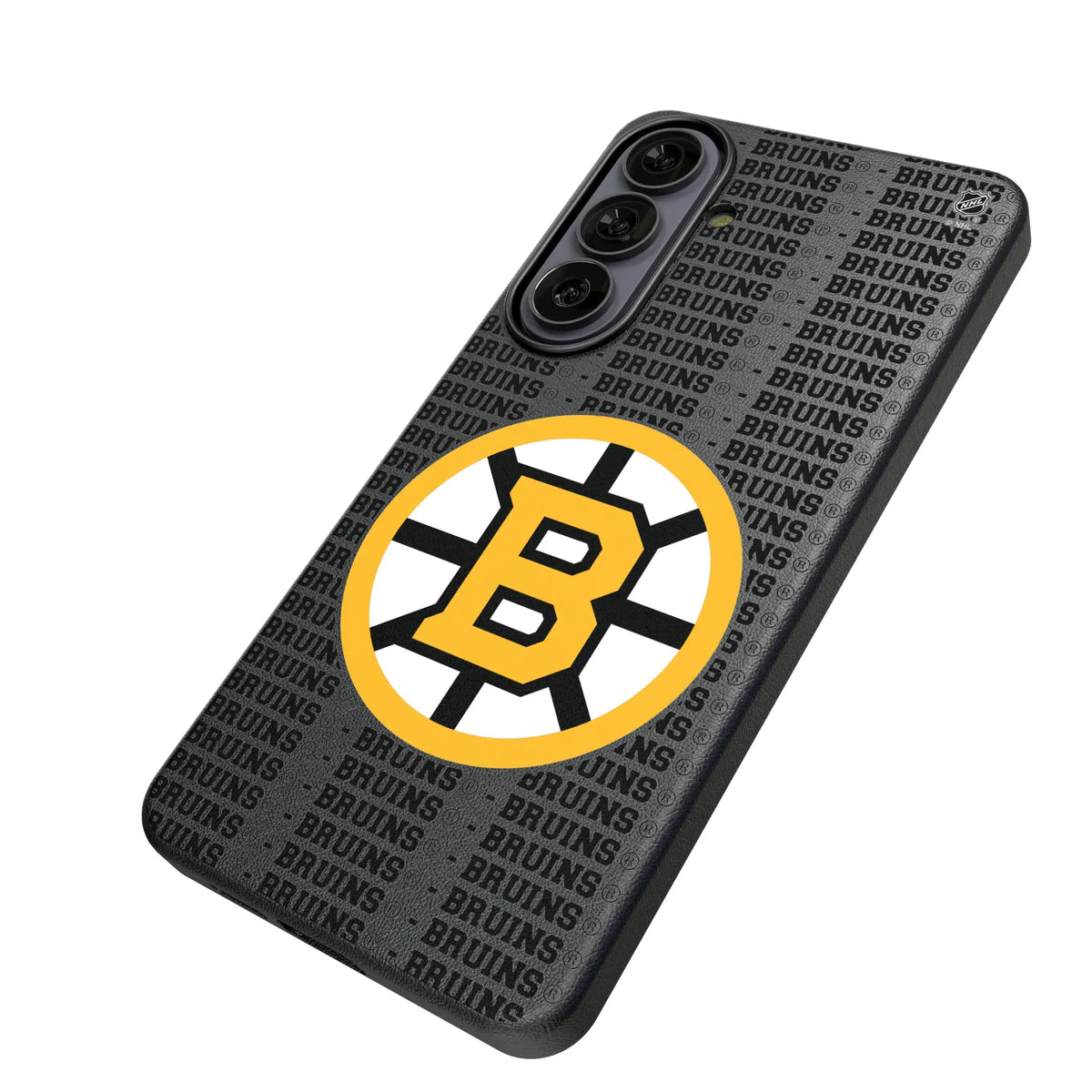Boston Bruins Text Backdrop Galaxy MagSafe Compatible Phone Case for Samsung Galaxy - Isometric View#Device_Galaxy S26 Plus