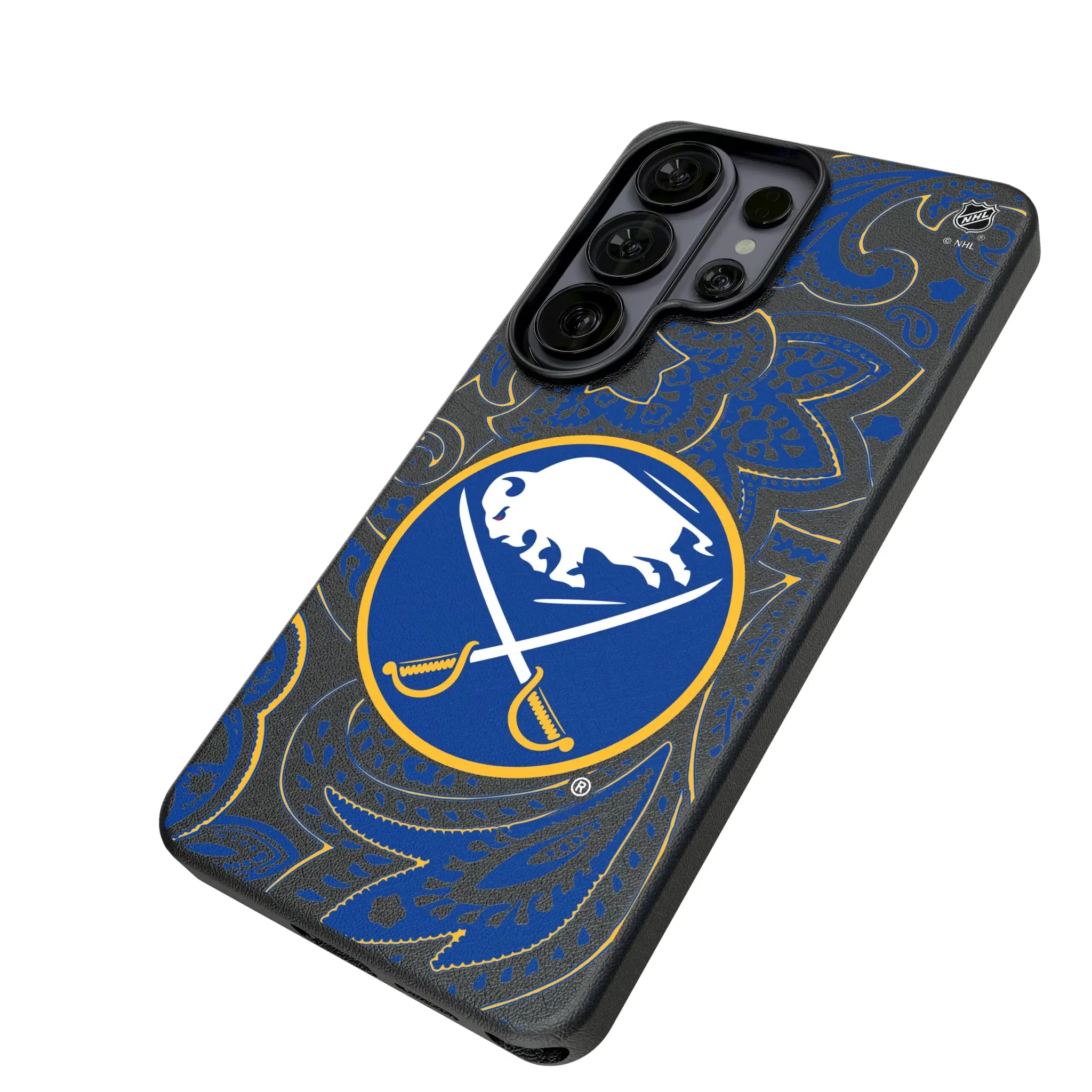 Buffalo Sabres Paisley Galaxy MagSafe Compatible Phone Case for Samsung Galaxy - Isometric View#Device_Galaxy S26 Ultra
