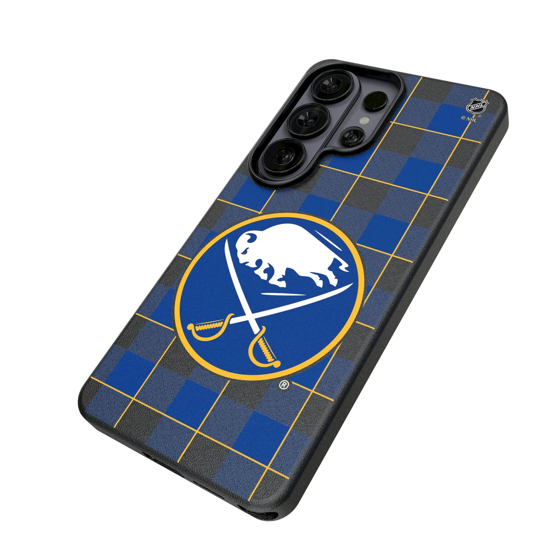 Buffalo Sabres Plaid Galaxy MagSafe Compatible Phone Case for Samsung Galaxy - Isometric View#Device_Galaxy S26 Ultra