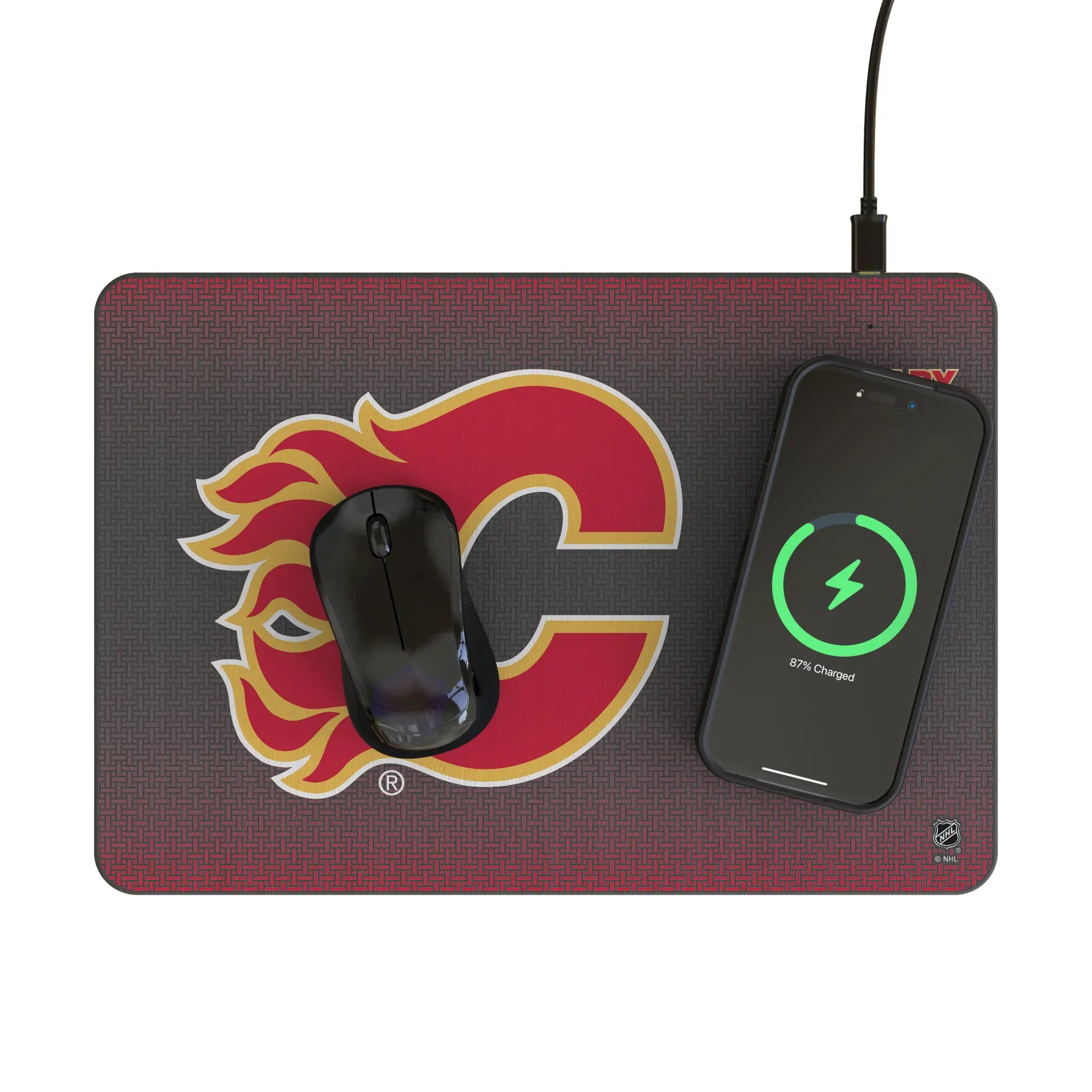 Calgary Flames Linen 15-Watt Wireless Charger and Mouse Pad - Lifestyle