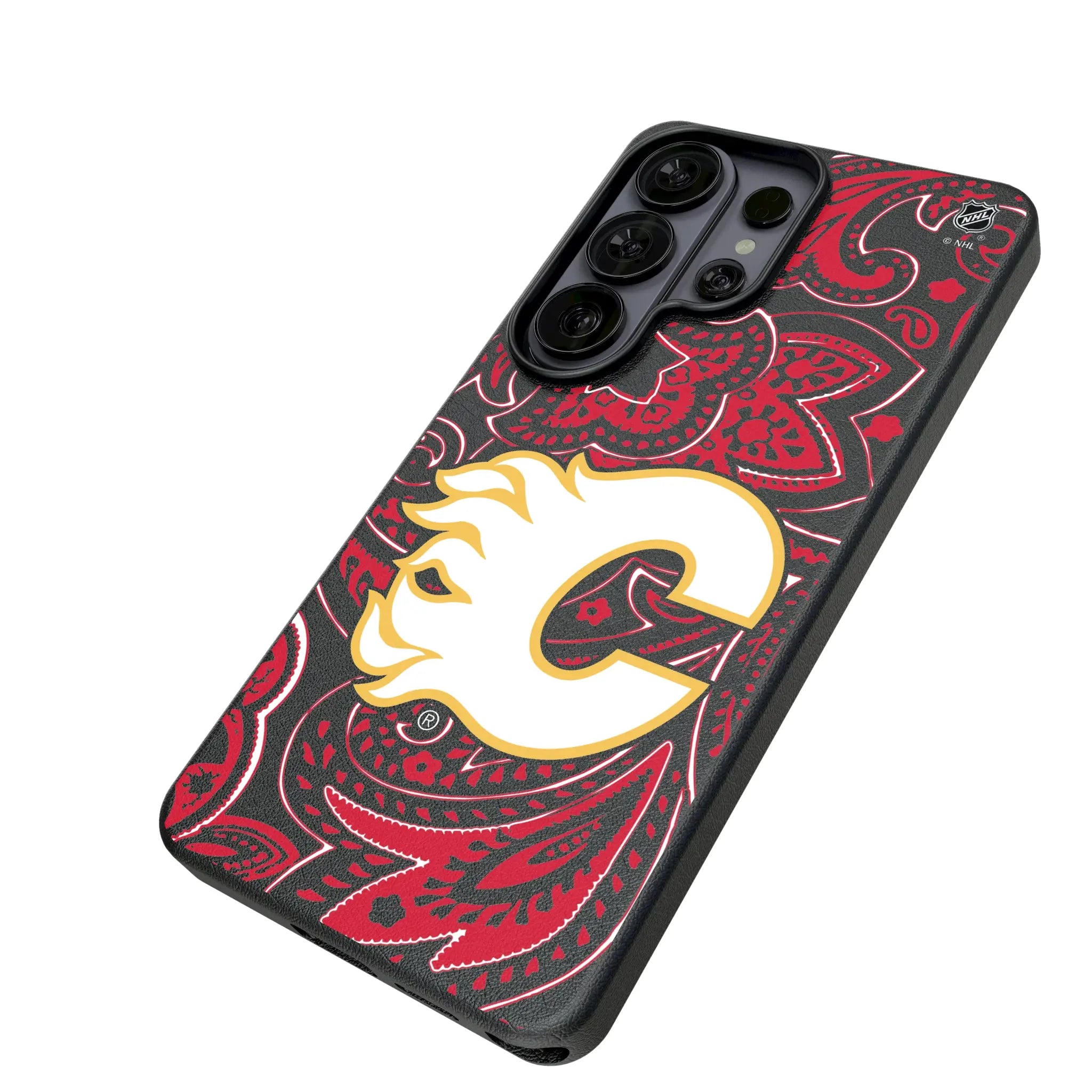 Calgary Flames Paisley Galaxy MagSafe Compatible Phone Case for Samsung Galaxy - Isometric View#Device_Galaxy S26 Ultra
