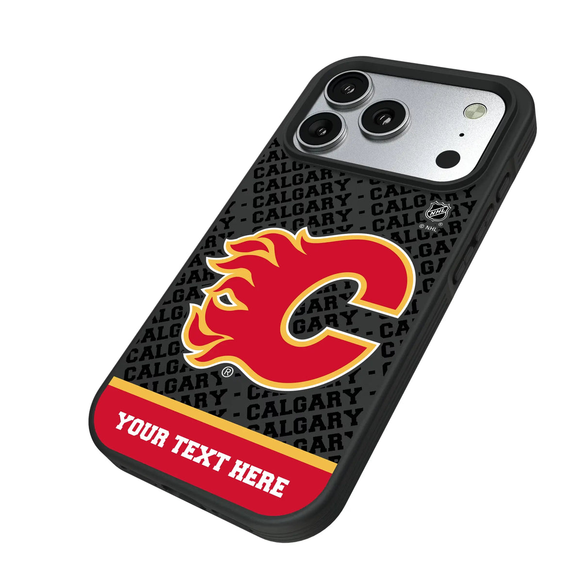 Calgary Flames Personalized EndZone Plus iPhone Bump Phone Case for Apple iPhone - Isometric View#Device_iPhone 17 Pro
