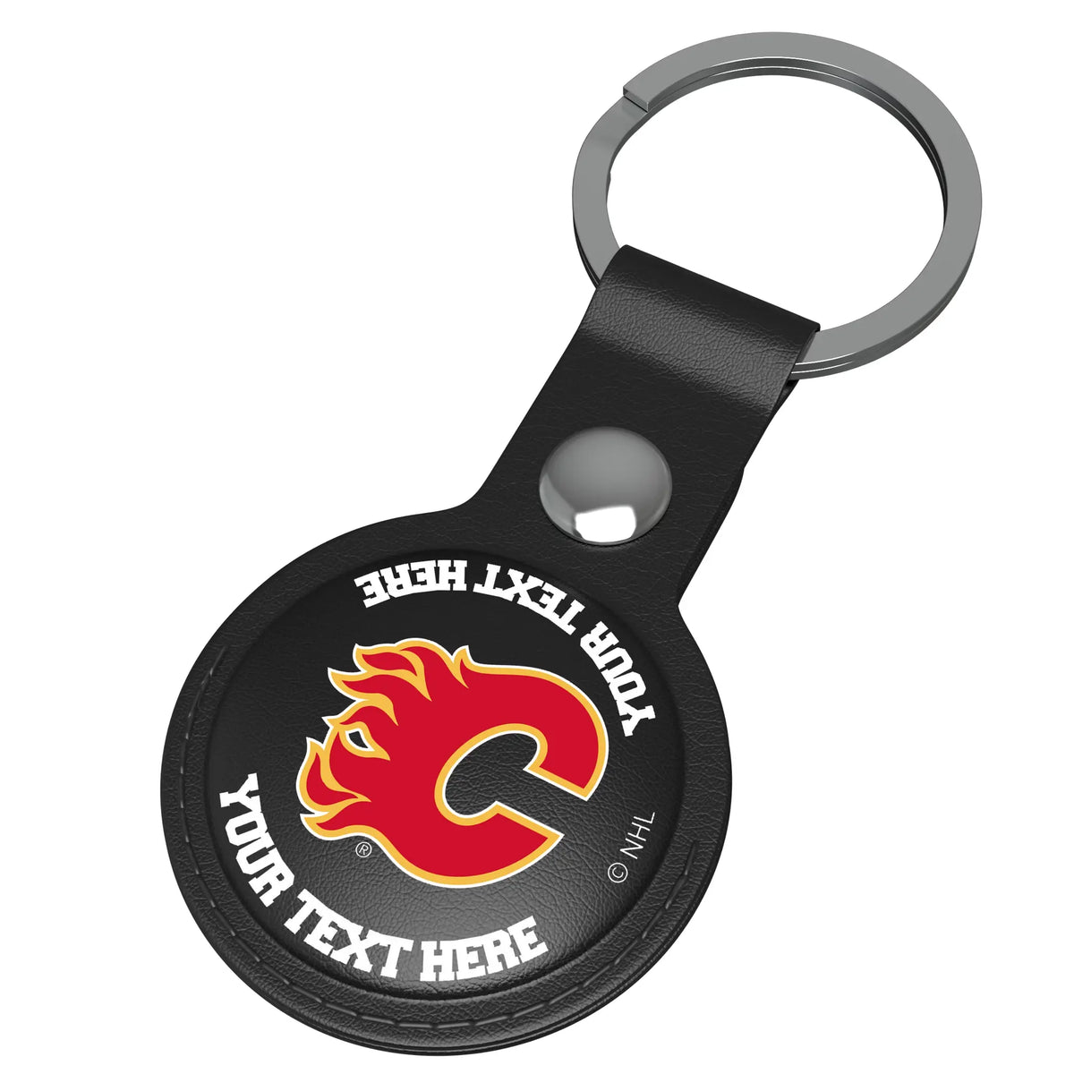 Calgary Flames Personalized Insignia AirTag Black Airtag Holder - Isometric View