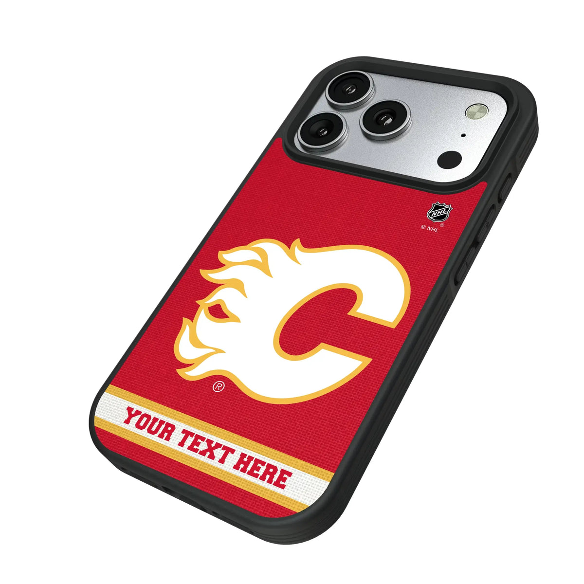 Calgary Flames Personalized Stripe iPhone Bump Phone Case for Apple iPhone - Isometric View#Device_iPhone 17 Pro