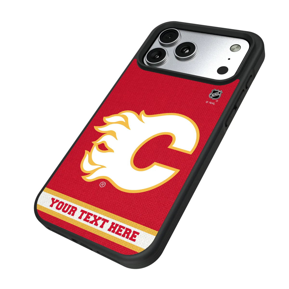 Calgary Flames Personalized Stripe iPhone Bump Phone Case for Apple iPhone - Isometric View#Device_iPhone 17 Pro Max