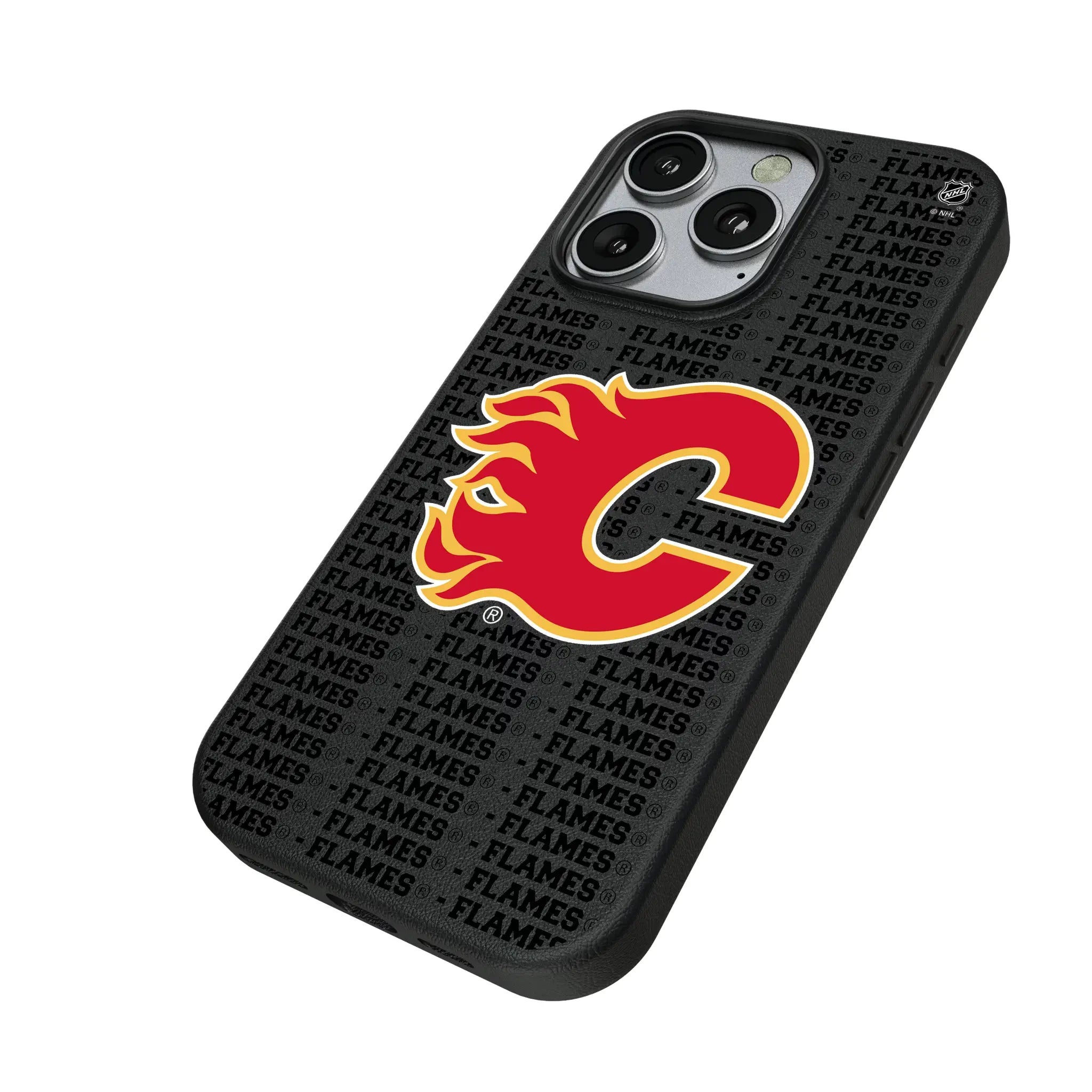 Calgary Flames Text Backdrop iPhone MagSafe Compatible Phone Case for Apple iPhone - Isometric View