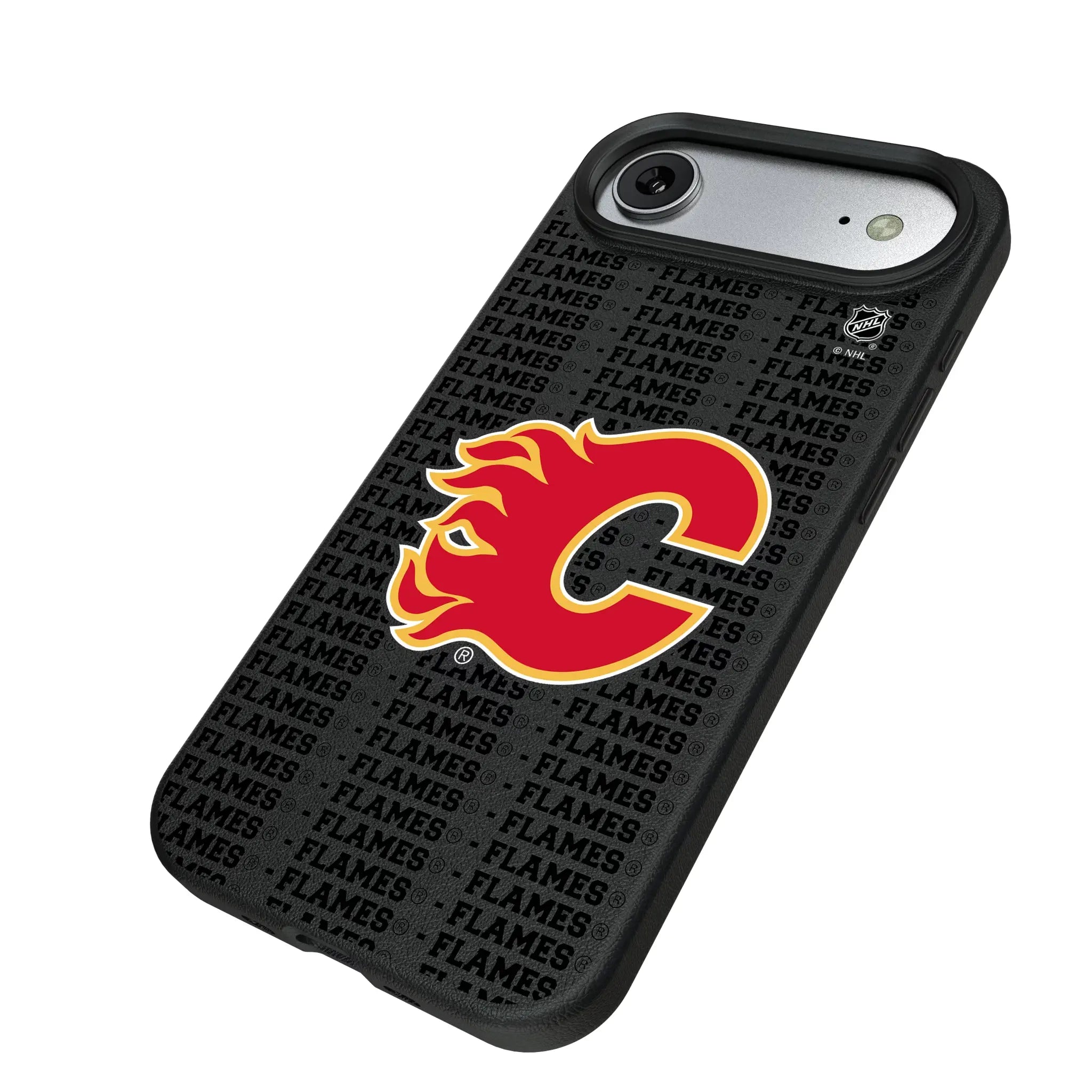 Calgary Flames Text Backdrop iPhone MagSafe Compatible Phone Case for Apple iPhone - Isometric View#Device_iPhone Air