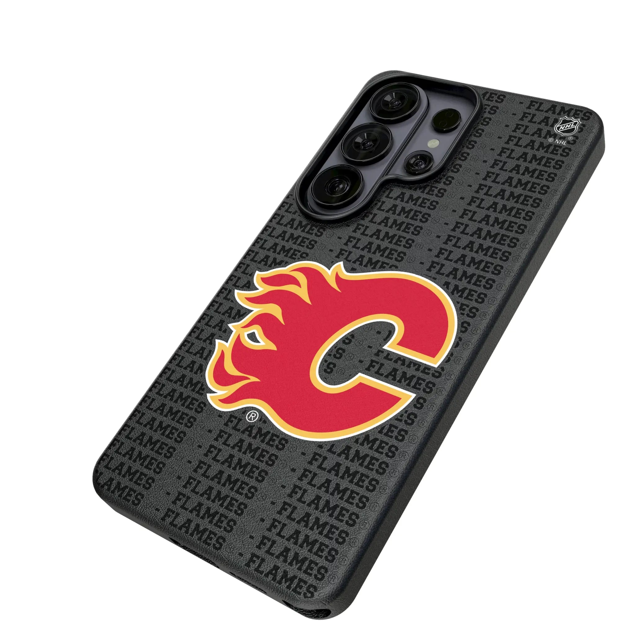 Calgary Flames Text Backdrop Galaxy MagSafe Compatible Phone Case for Samsung Galaxy - Isometric View#Device_Galaxy S26 Ultra
