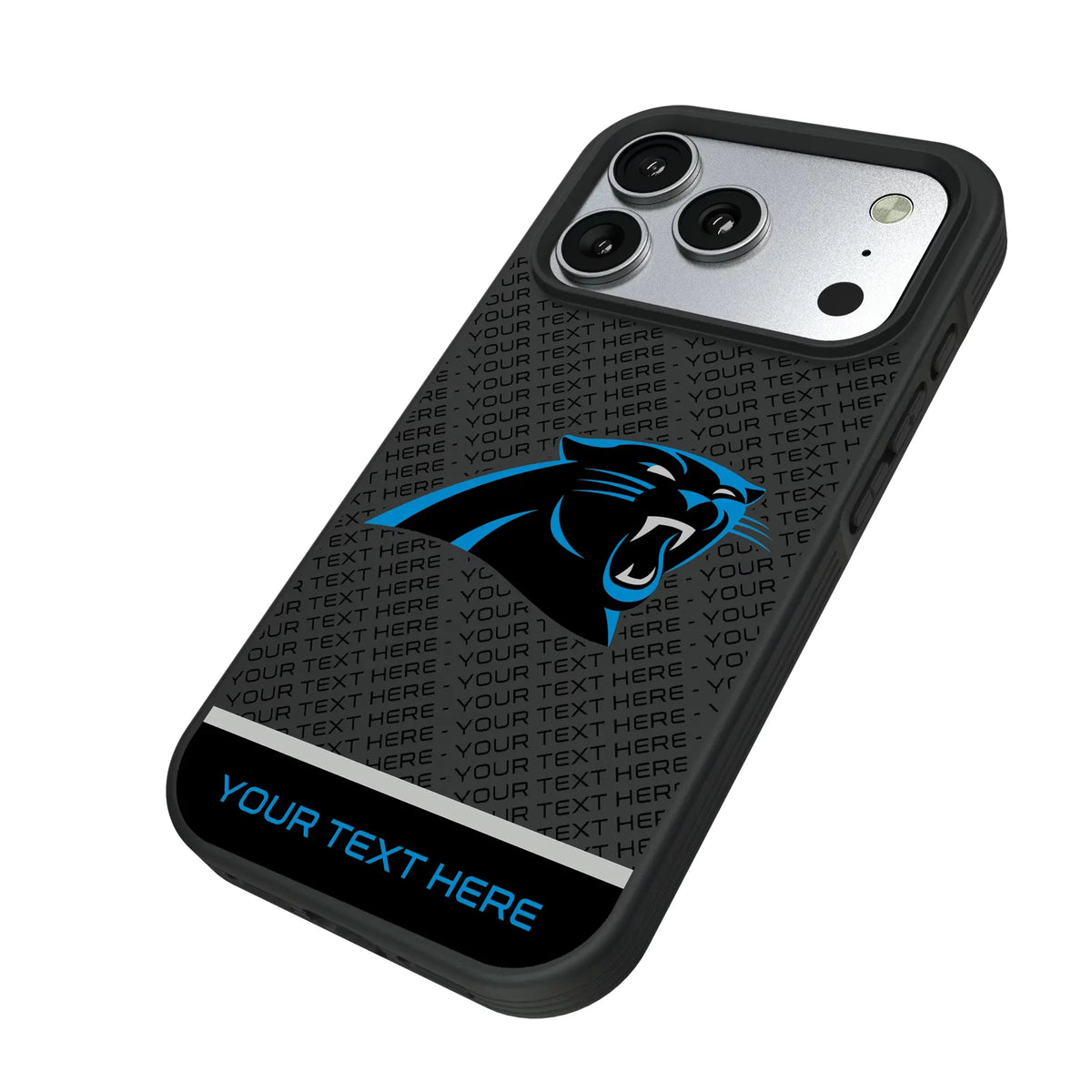 Carolina Panthers Personalized EndZone Plus iPhone Bump Phone Case for Apple iPhone - Isometric View#Device_iPhone 17 Pro