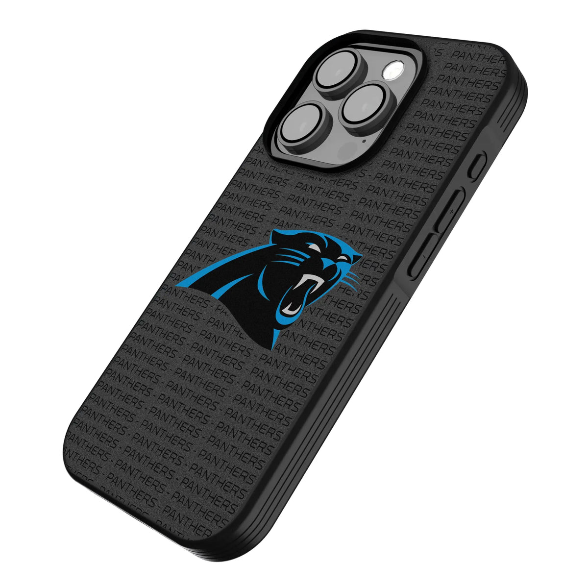 Carolina Panthers Text Backdrop iPhone Bump Phone Case for Apple iPhone - Isometric View