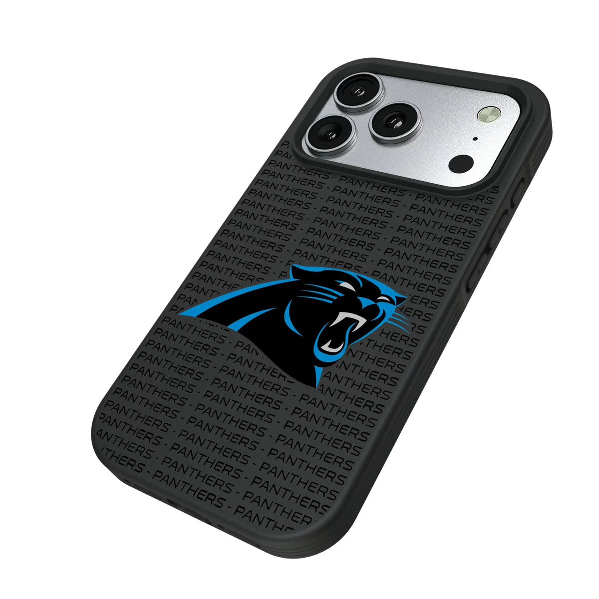 Carolina Panthers Text Backdrop iPhone Bump Phone Case for Apple iPhone - Isometric View#Device_iPhone 17 Pro
