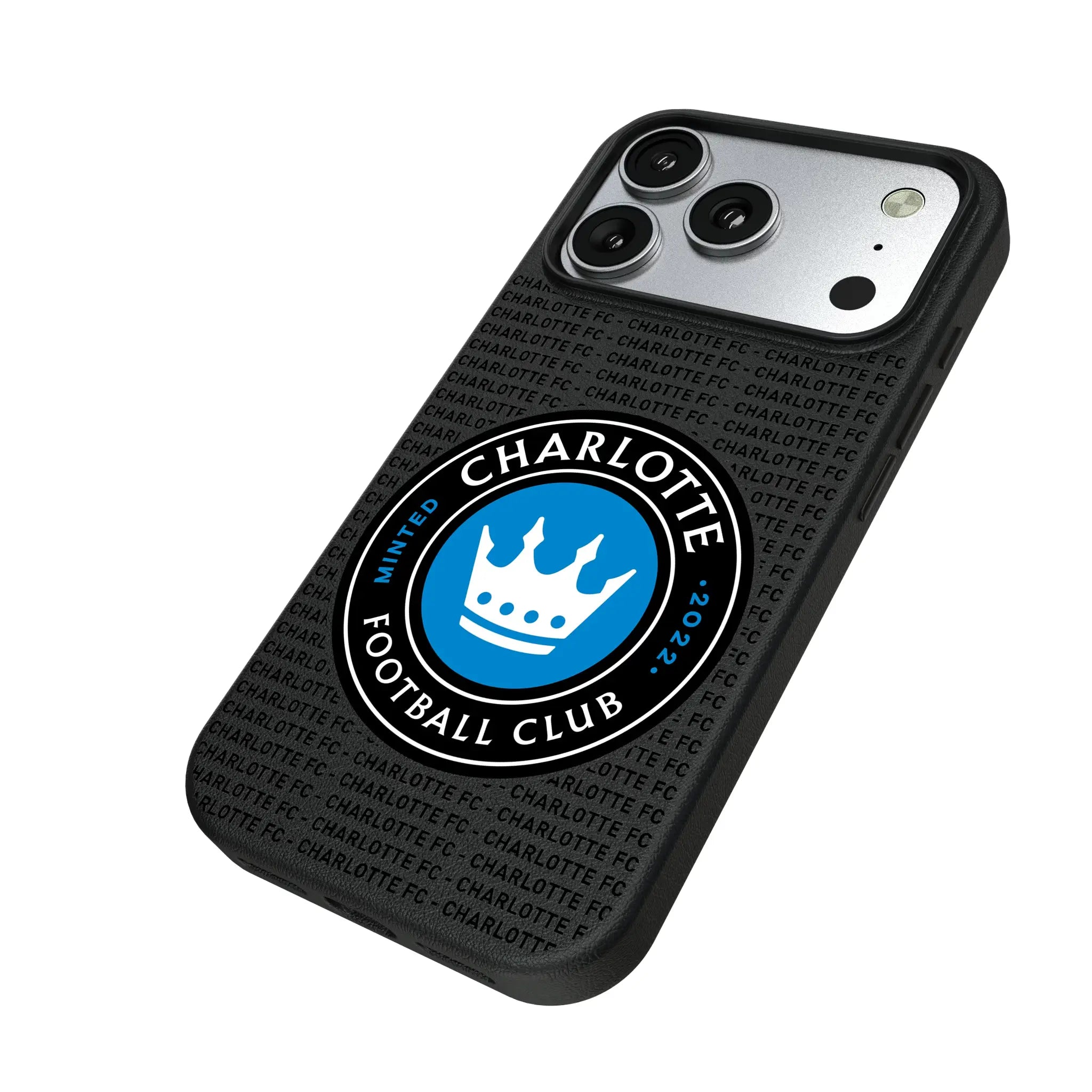 Charlotte FC Text Backdrop iPhone MagSafe Compatible Phone Case for Apple iPhone - Isometric View#Device_iPhone 17 Pro