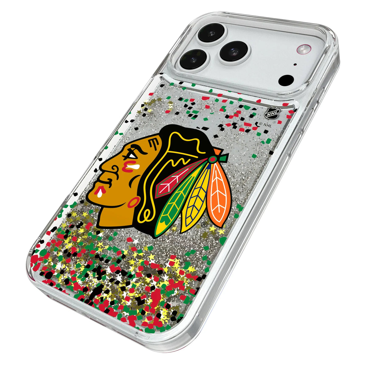 Chicago Blackhawks Confetti iPhone Glitter Phone Case for Apple iPhone - Isometric View#Device_iPhone 18 Pro Max