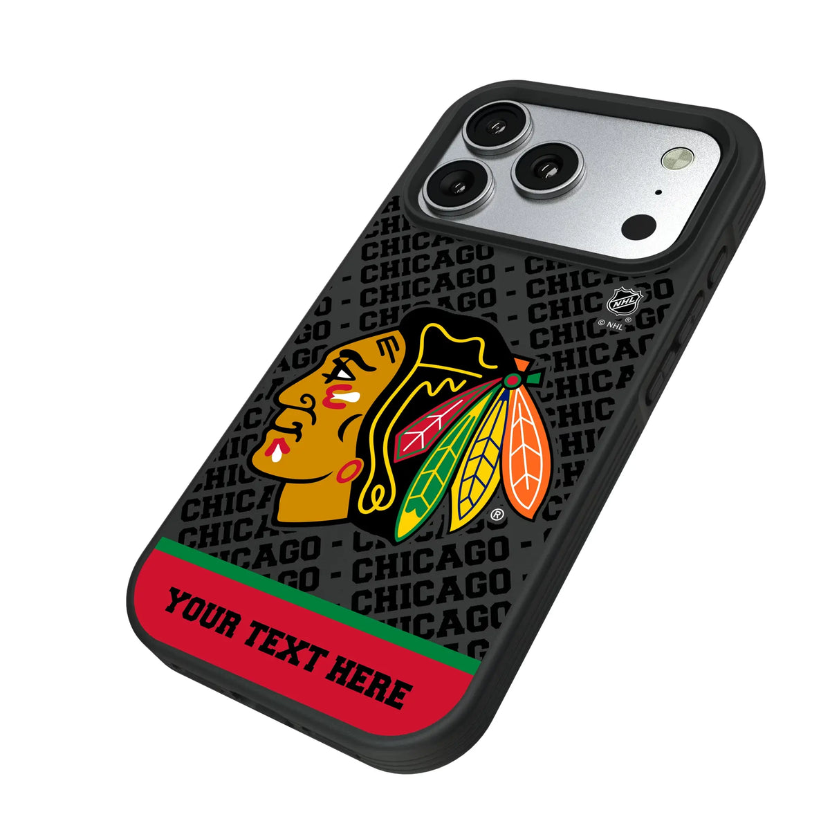 Chicago Blackhawks Personalized EndZone Plus iPhone Bump Phone Case for Apple iPhone - Isometric View#Device_iPhone 17 Pro