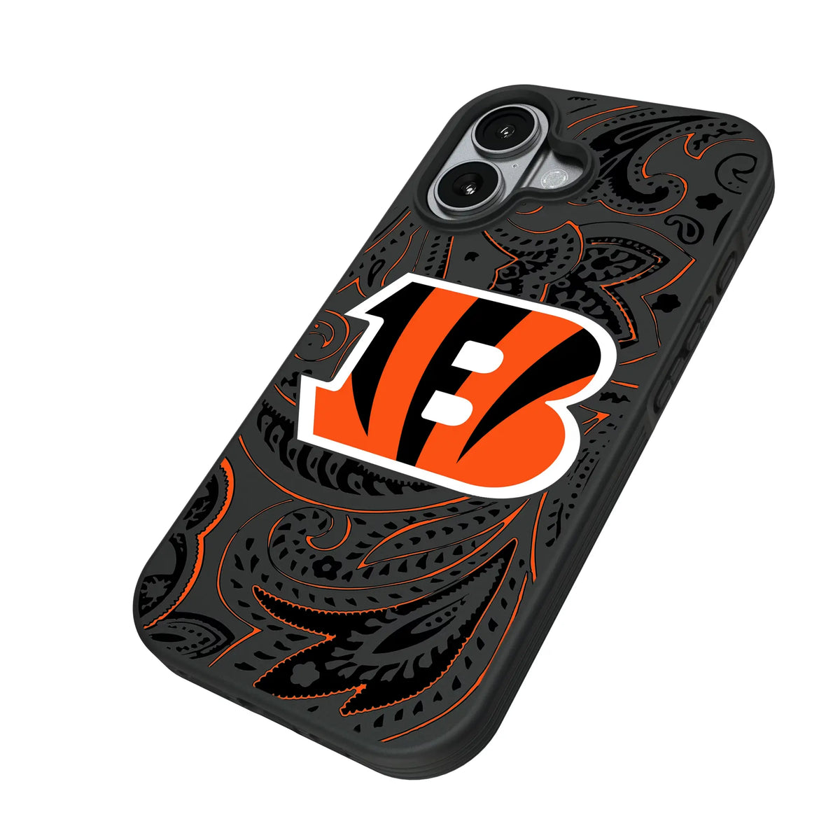 Cincinnati Bengals Paisley iPhone Bump Phone Case for Apple iPhone - Isometric View#Device_iPhone 17