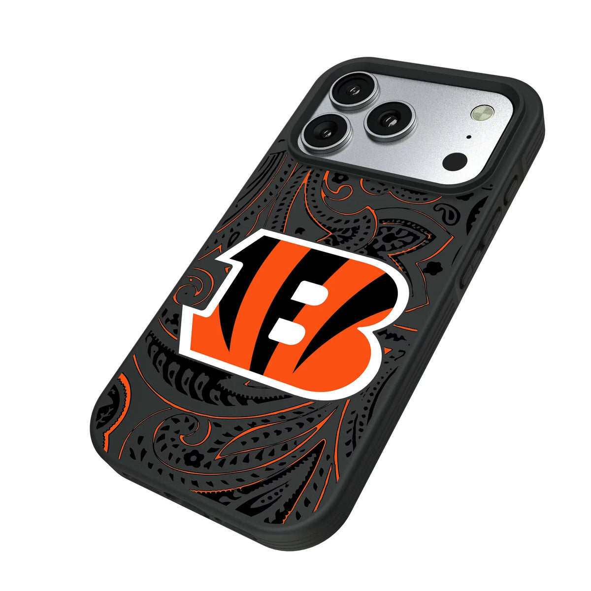 Cincinnati Bengals Paisley iPhone Bump Phone Case for Apple iPhone - Isometric View#Device_iPhone 17 Pro