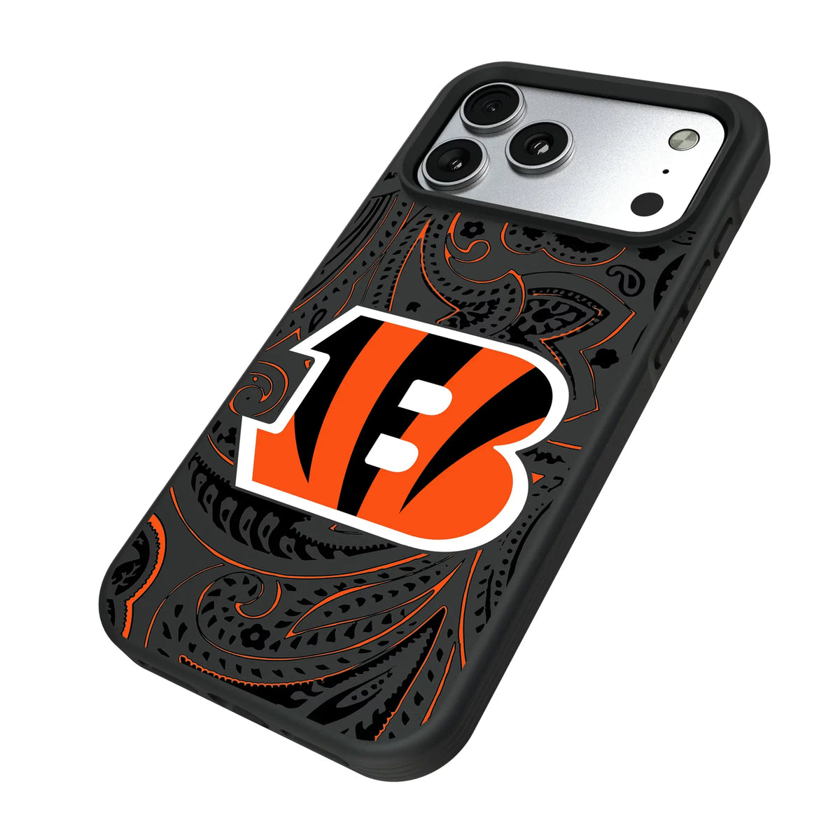 Cincinnati Bengals Paisley iPhone Bump Phone Case for Apple iPhone - Isometric View#Device_iPhone 17 Pro Max