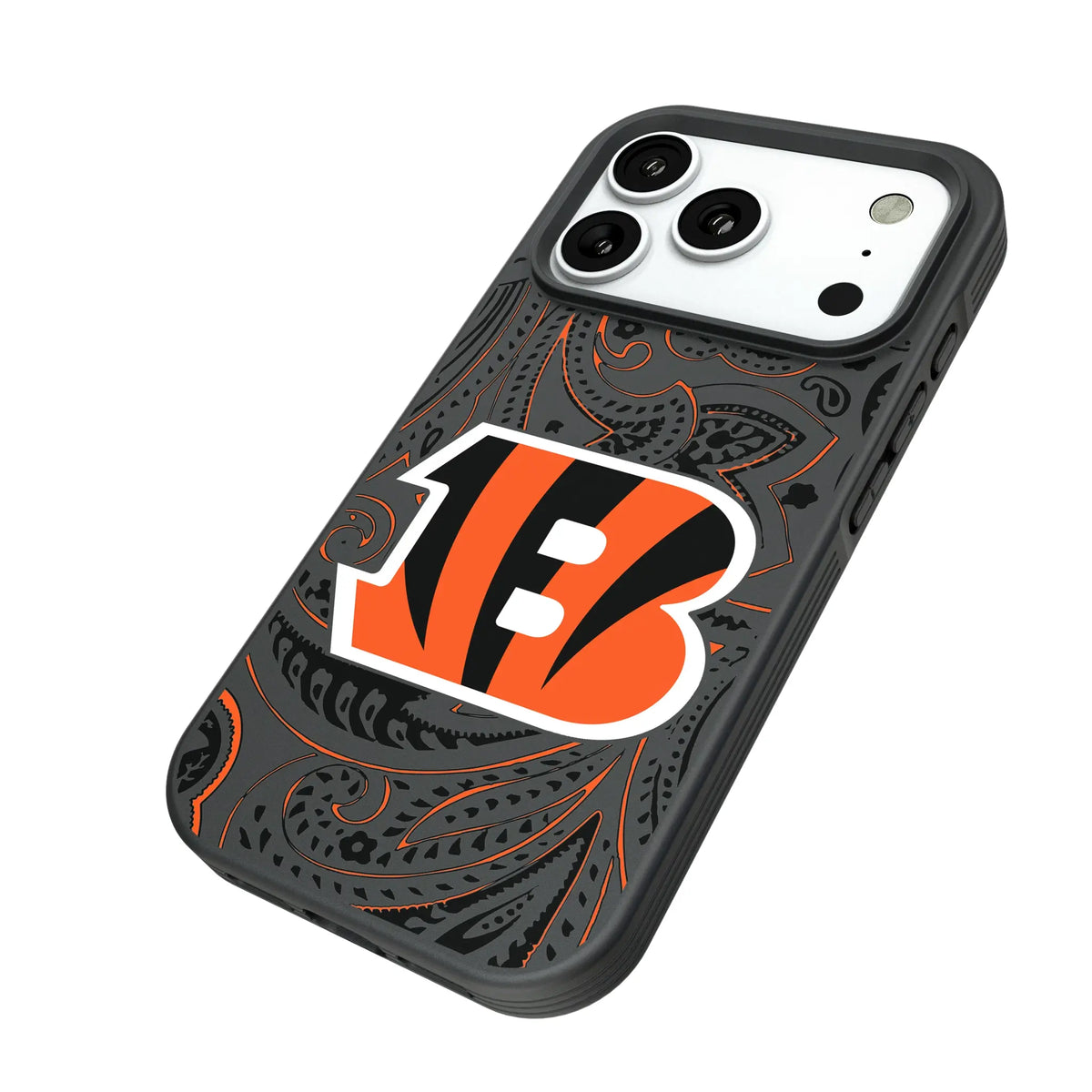 Cincinnati Bengals Paisley iPhone Bump Phone Case for Apple iPhone - Isometric View#Device_iPhone 18 Pro